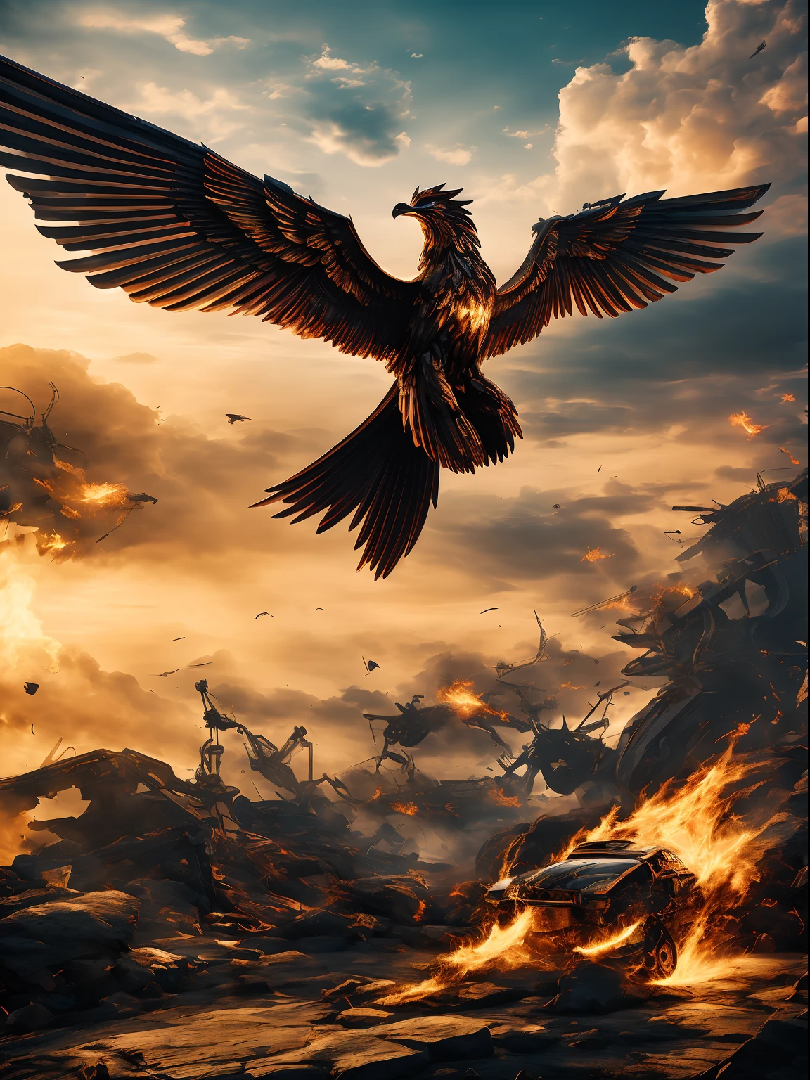 （A flash of fire outlined the phoenix's body)，Phoenix flapped mechanical wings on flame-like red background，(Shining with golden light)，Metallic glow，metalictexture，Solo,nigth,Multiple silhouettes，First-person elevation angle，super detailing，best qualtiy，Masterpiece，（8K)，Extremely detailed，Epic artwork（Mechanical wind）（metalictexture）