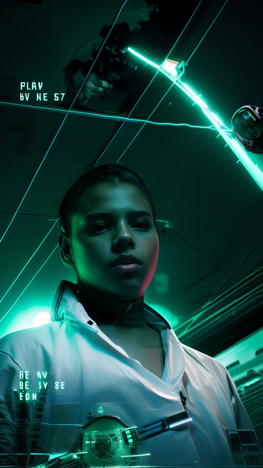 (grainy:0.5), cinematic,girl, space, serious, detailed eyes, detailed face, detailed futuristic clothes, lights in clothes, (aiming gun:1.1), (hiding:1.1), (squatting, looking to side:1.1), volumetric lighting, isolation, horror, dark lighting, red bioluminescent details, green bioluminescent details, blue bioluminescent details
