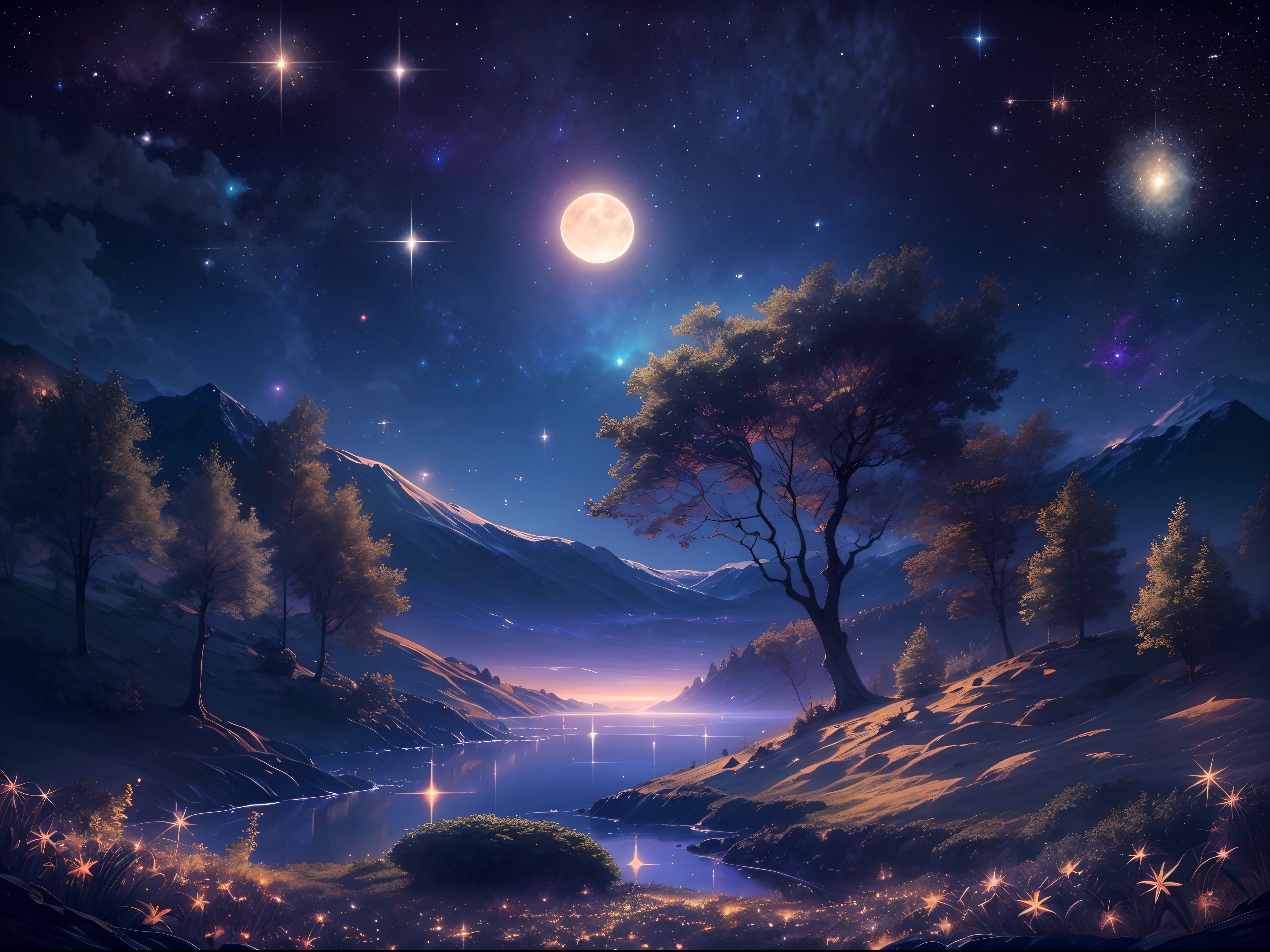 (gaze at the stars, dreamy atmosphere, celestial beauty, sparkling night sky)
