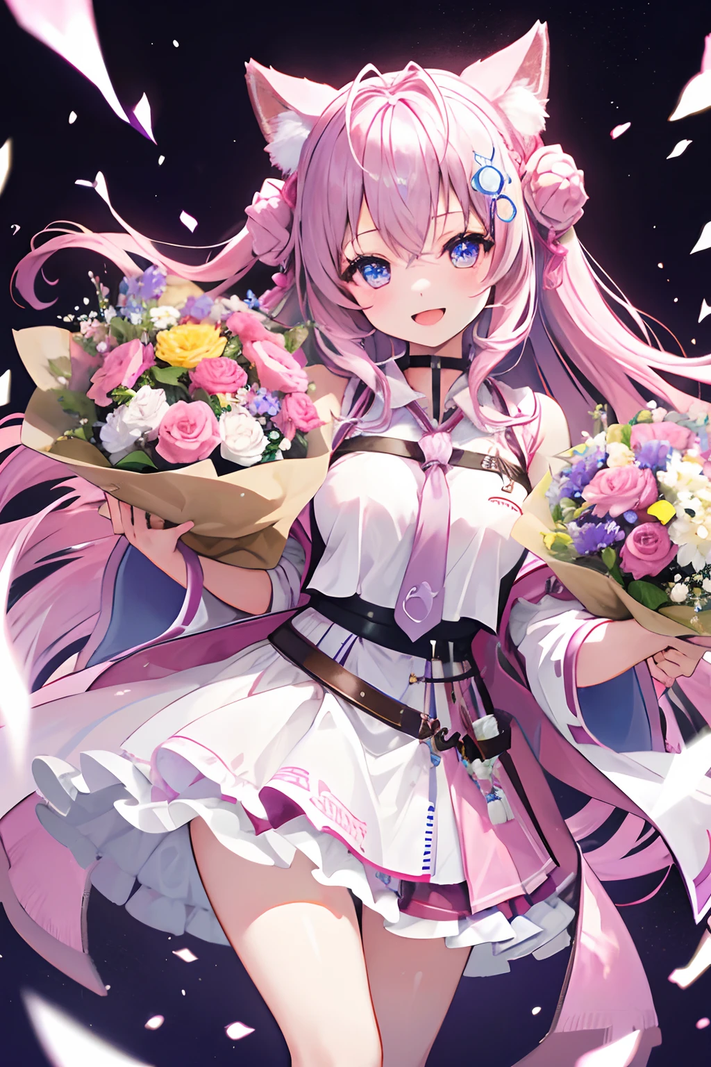 (figura: Hakui Koyori), one girls,Smile with open mouth,have a bouquet,「Reached 1 million」characters,Top image quality,Masterpiece,Best Quality