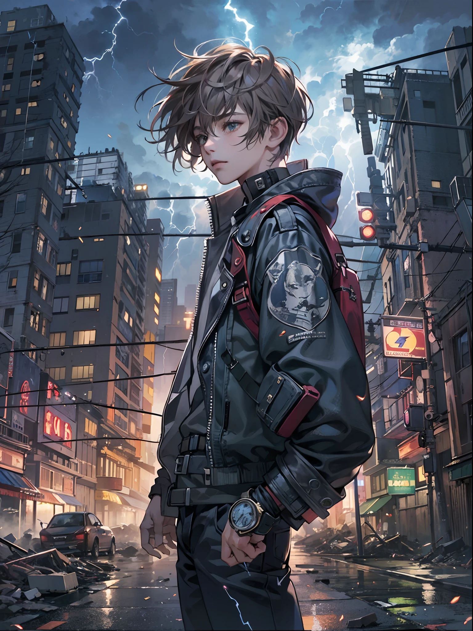 1boy, boy、post apocalyptic steampunk Boy、The beginning of the adventure、(Lightning:1.5)、Lots of dark clouds, metal fragments and debris blowing in the wind, 、Movie dystopia、A group of very tall abandoned skyscrapers stands in the center、Very complex cityscape, street signs, Blue lighting,Dark road、Beautiful and fantastic scenery、Cinematic scenery、incredibly detailed 、8K HD, perfect masterpiece, best quality, best resolution