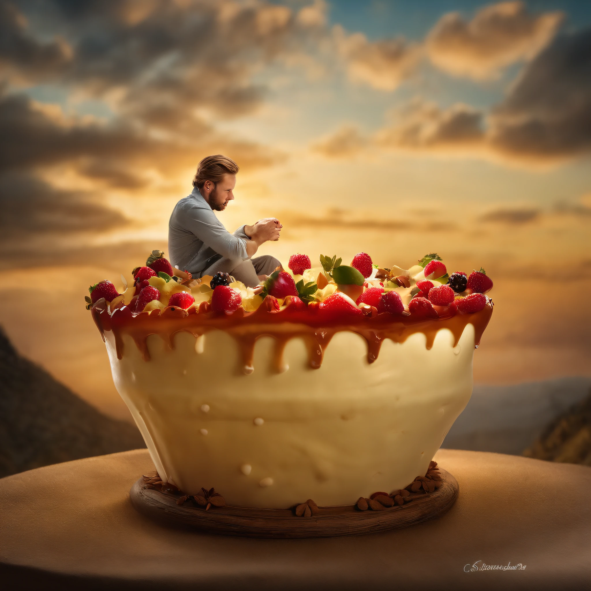 a character sitting inside a giant cheesecake cup. The composition showcases miniature edible props and whimsical decorations surrounding the character, creating a surreal and whimsical scene. The use of lighting and perspective adds depth and visual interest to the image, evoking a sense of wonder and enchantment. Renowned surreal photographer Erik Johansson skillfully captures the magical atmosphere of this whimsical interaction in this visually stunning image, tmasterpiece, Best quality,UHD