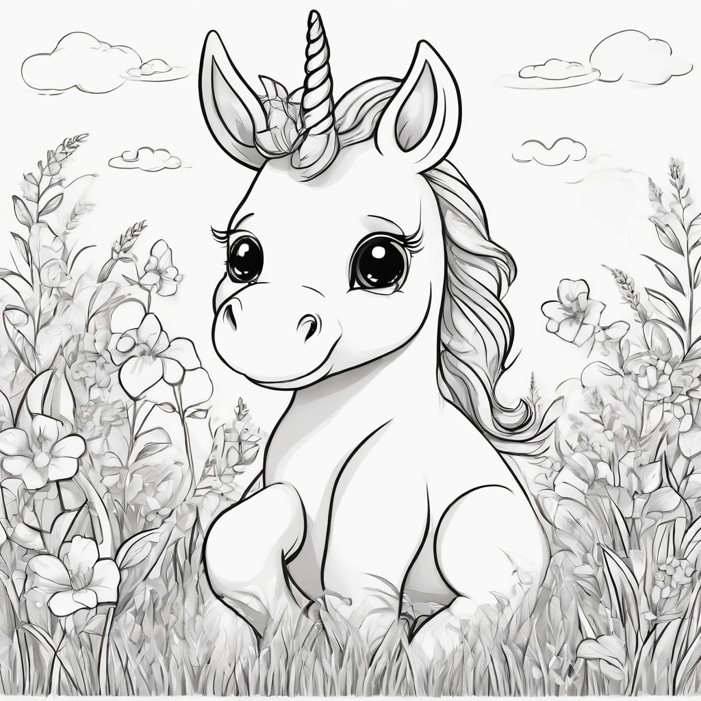 Cute kiddy unicorn eating grass cartoon style, Line drawing background, White background, monochrome, line-drawing, ((sketch)), Coloring Thick lines sharpened, remove grey tone