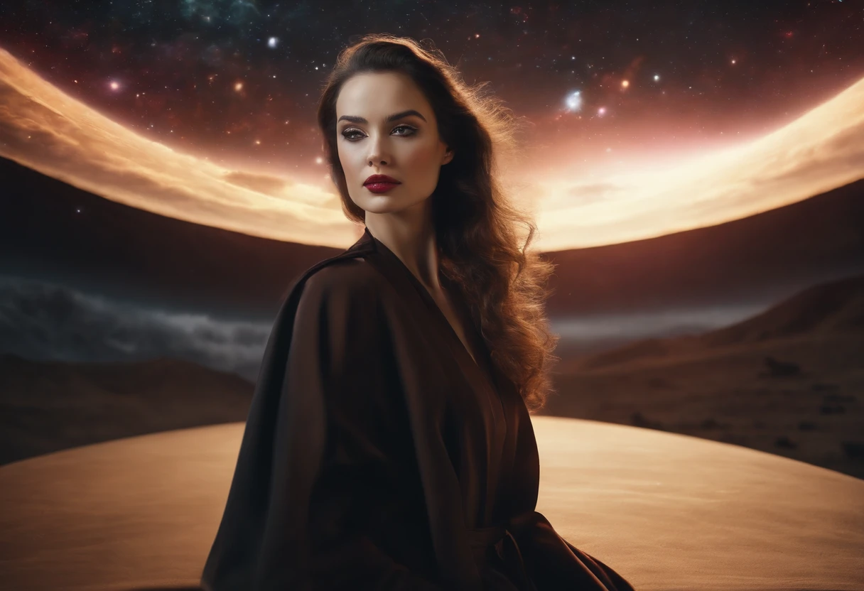 (Best Quality,4k,hight resolution,Masterpiece:1.2),oil painting,Full-length half-sided face is not visible to a young brunette in glasses, in a red dress and a black coat, Holding a book in his hands against the background of space,Lineament,beautiful detail eyes,beautiful detailed lips,long eyelashes,expressive eyes,Polished surface,Soft skin,Delicate eyebrows,Sensual lips,Glossy hair,floting hair,shoulder-length hair,black hair// (space background,space background,Infinite Cosmic Background,a starry sky,horizon, Filled with Nebulae,Astronomical Jewelry,Space Perspective)/