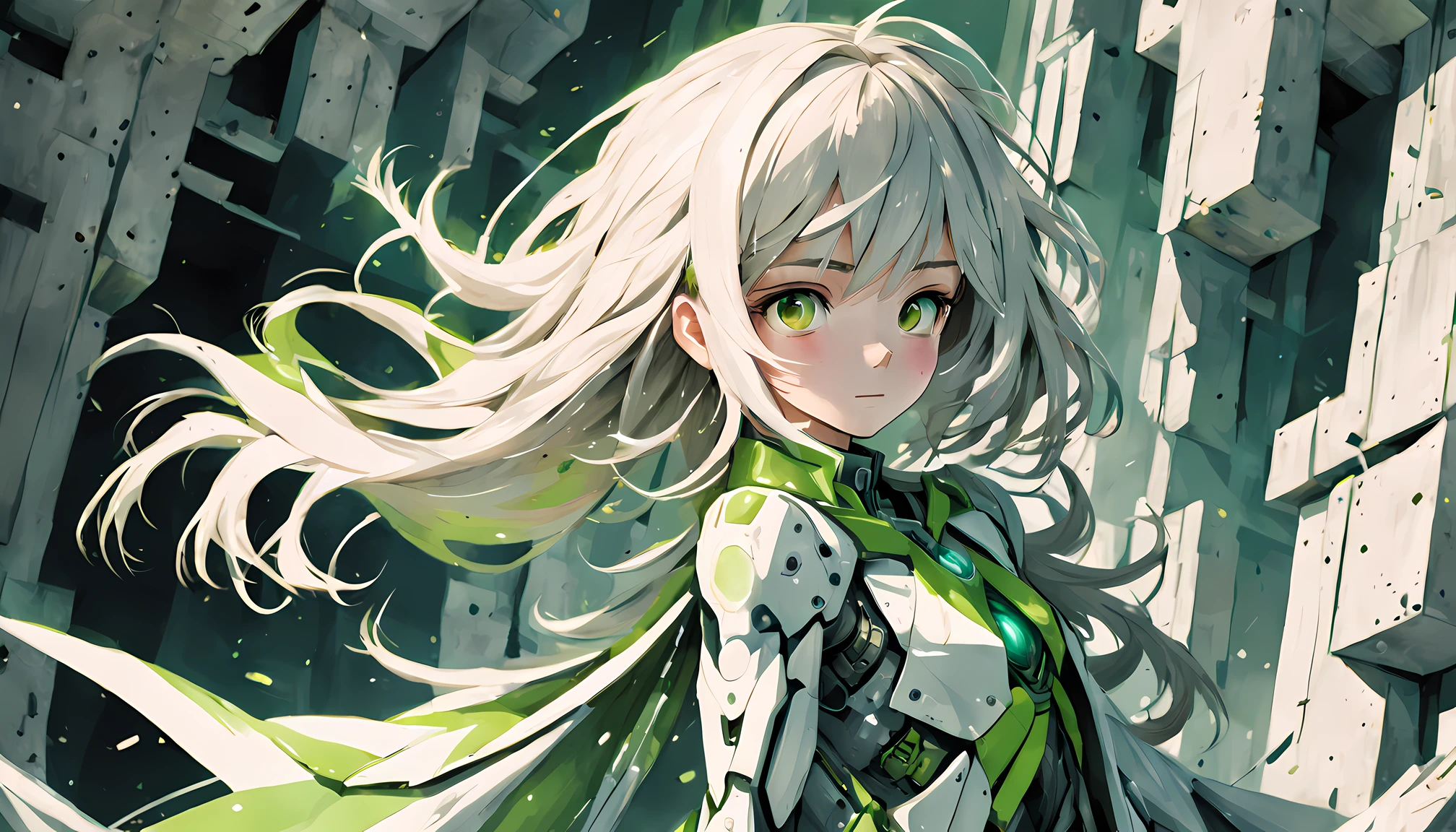 absurdres, highres, ultra detailed, (1girl:1.3), kawaiiBREAK, watercolor washes, translucent layers, delicate blending, fluid textures, subtle hues, organic forms, poetic atmosphere, absurdres, highres, ultra detailed, (perfect anatomy:1.1), ethereal, delicate details, highres, BREAK(girl:1.3), solo, white long hair, green eyes, cyborg, white mecha body, (battle action, dynamic action:1.2),BREAK, brutalist art, raw concrete, geometric forms, architectural sculptures, bold textures, industrial aesthetic, unadorned surfaces