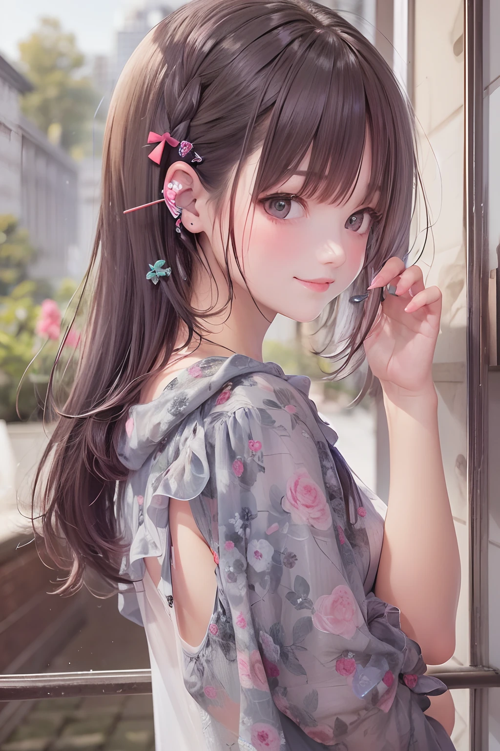 (((Masterpiece))),((top quality)),one beautiful Japanese girl,14 years old、young、bangs、wavy hair、(((two side up:1.5)))、short hair、black hair、brown eyes、droopy eyes、smile、(The background is plain)、mini skirt、(pink camisole:1.5)、barefoot