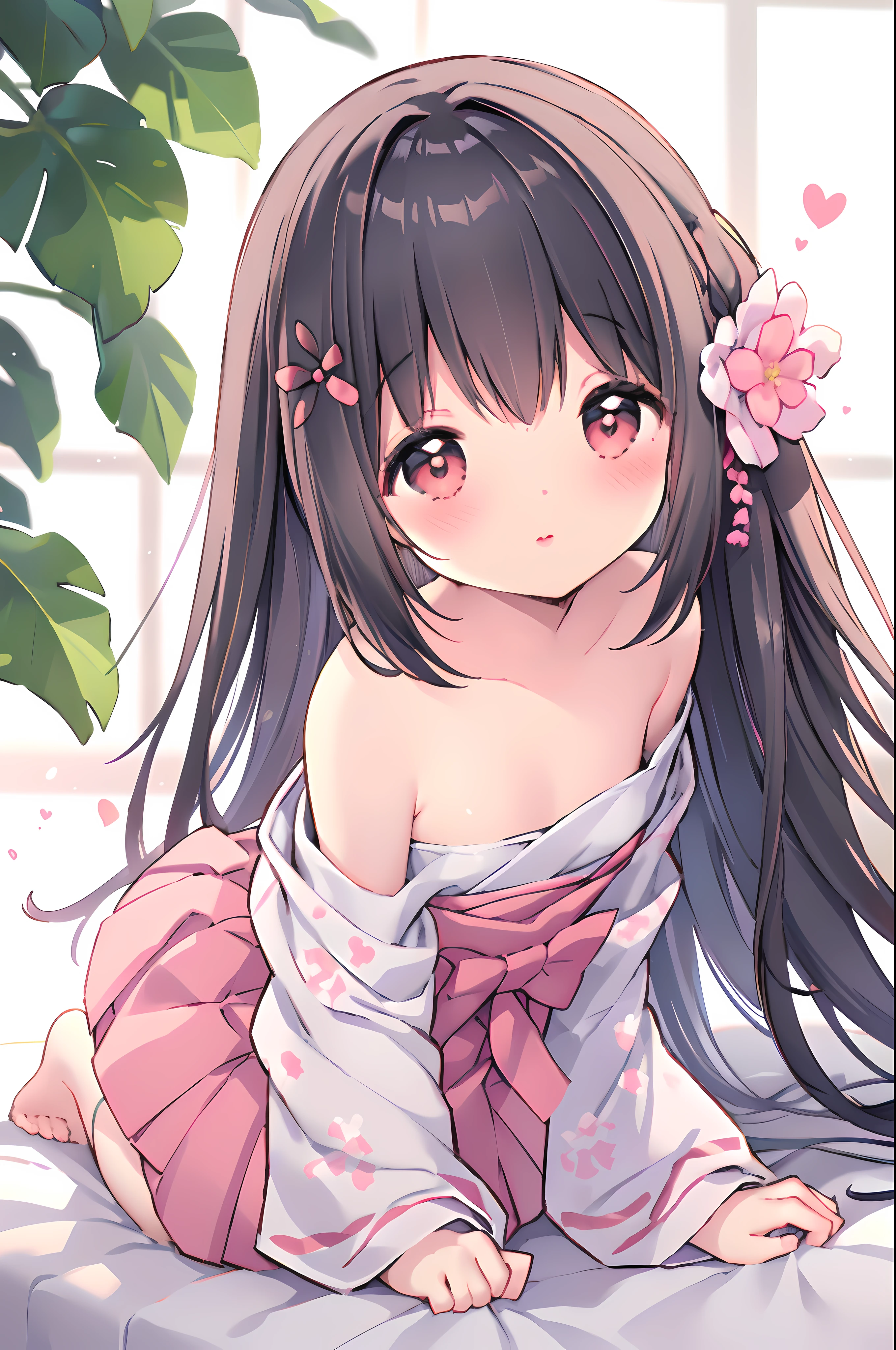 (li girl, small short figure girl, cute and petite girl little sister aura:1.5), detached sleeve, Married, Japanese bride, Wedding, wedding hakama skirt, yamato nadeshiko, 1girl, solo, outdoor, cute japanese model girl, very long hair, floral print, wedding hair ornament, wedding kimono, hakama, bangs, (masterpiece, best quality, HD Pictures, 4K:1.4), gentle look, gentle smile, gentle eyes, mature looking, pinkish cheeks, very detailed eyes, very detailed pupils, very detailed hair, furisode, flower head accesories, from front pov, detailed face, full body, look up to viewer, close up to forehead, leaning forward to viewer, detailed long black hair, (lying on bed, off shoulder, blushing red cheeks, kiss to audience, pinkish lips:1.4)