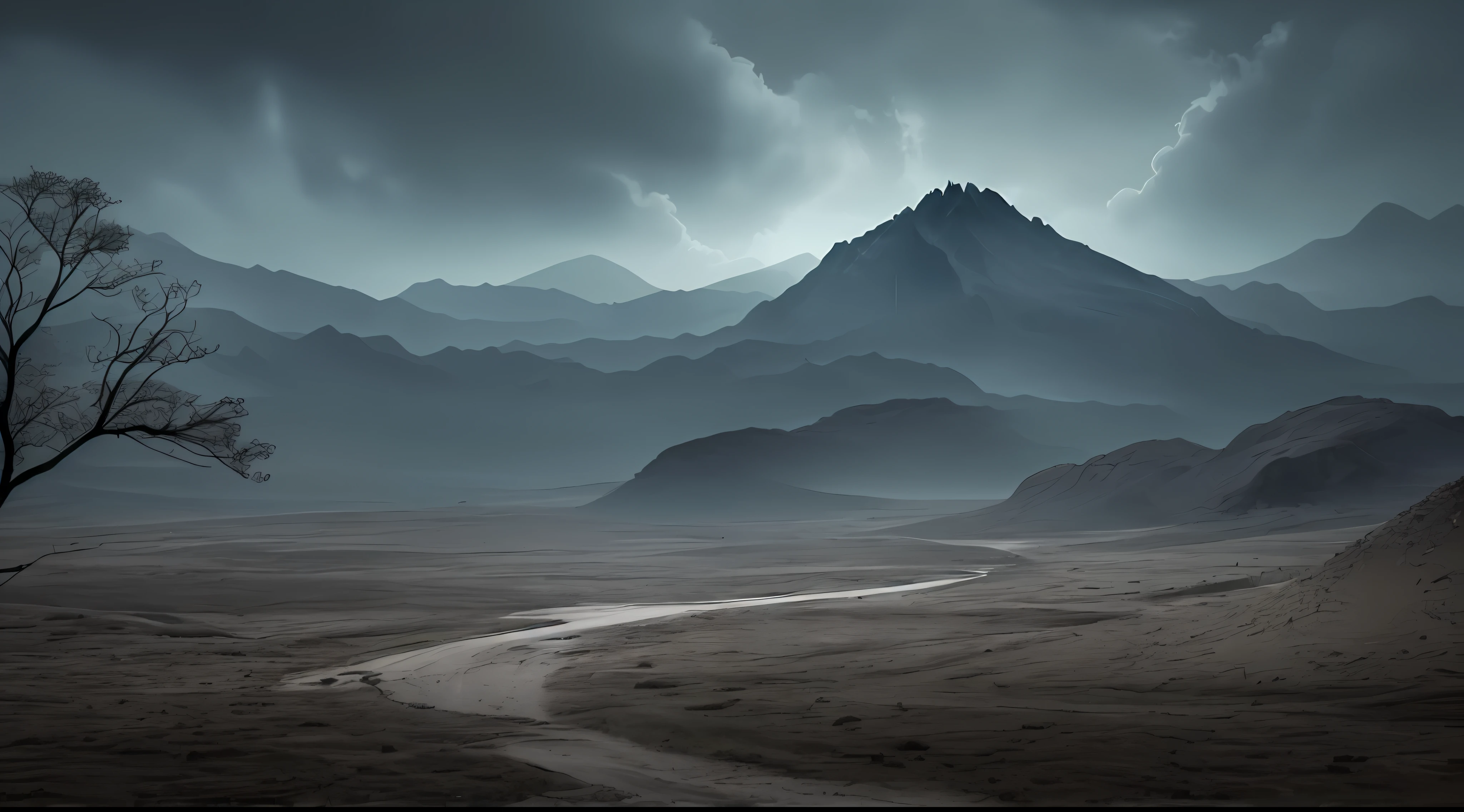 Create an image of the "Dark Abyss," the darkest place in the world. Visualize a horizon shrouded in dense black clouds, where occasional rays illuminate a desolate, gloomy landscape. As you get closer, you can see towering mountains covered in dead, gnarled vegetation. A black and sinister river meanders through the valley, emanating a nefarious mist that seems to swallow any light that dares to penetrate its path. Decrepit ruins of an ancient city are glimpsed in the distance, adding an air of mystery and melancholy to the site. The somber sounds of the wind howling through the gnarled trees echo around him, making his skin shiver. Feel the oppression of the place and the constant presence of something evil lurking in the shadows, ((masterpiece))