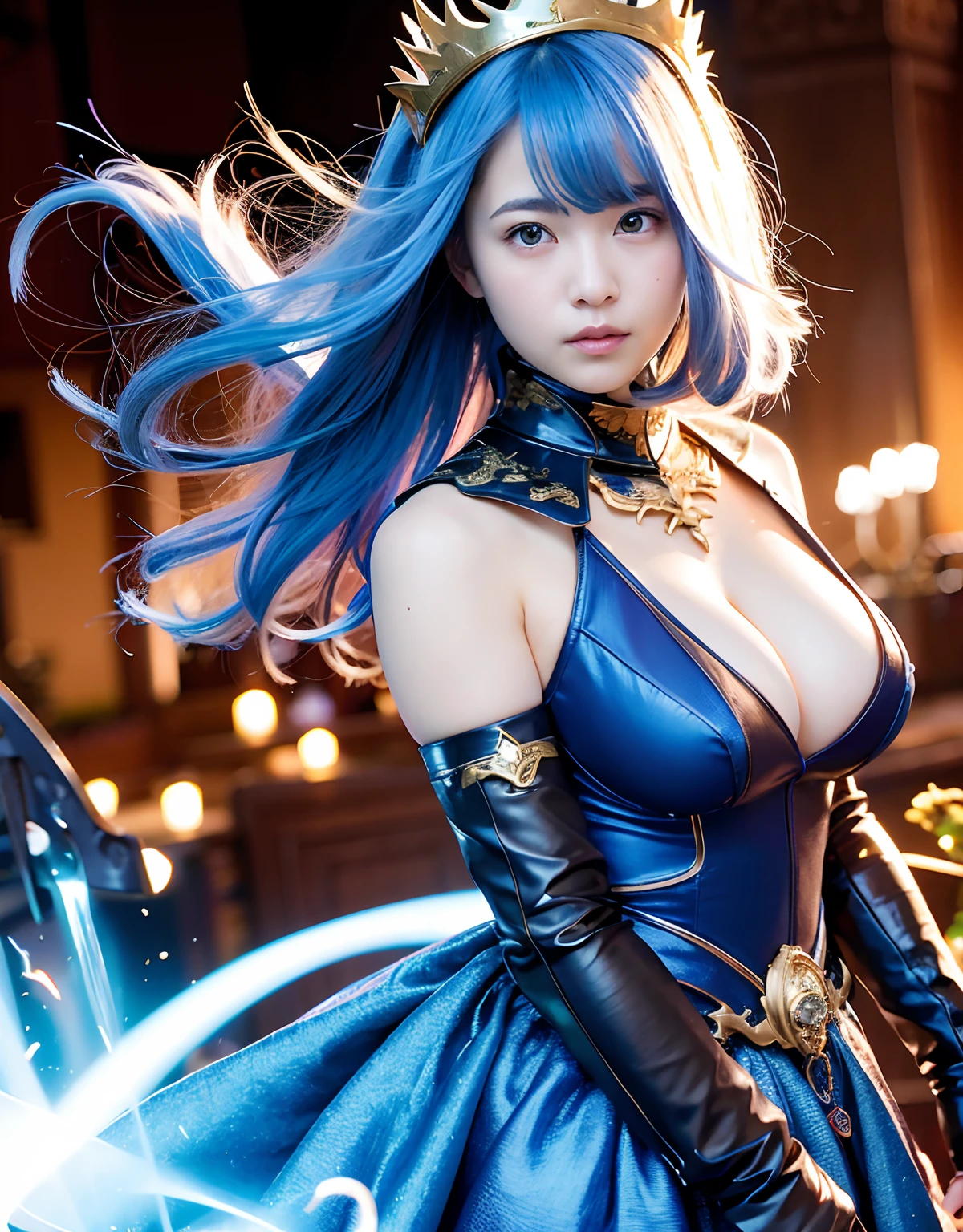 Professional , masterpiece、top-quality、photos realistic , 、top-quality、超A high resolution、(Photorealsitic:1.4)、Raw photo、depth of fields (Gemstone Gold Metal Body:1.9),(Matte White、Toostock、cleavage of the breast、(cleavage of the breast)、(Detailed Dragon Armor)、(Have the strongest weapon)、((Random Hairstyles 1.6),Dark Fantasy,)explosions、intense fighting、(Precipitous cliffs),Dragon Gold Weapon,Mystical expression、Particles of light、Fight dragons、(Detailed Dragon Helmet),Gorgeous Silver Weapons ,(( Dragon's dense and gorgeous sword)) , Beautiful knife ,warhammer 40k ,Detail and gorgeous crown、((Blue hair))、(Castle background)、、((Gangle's forest background))、Beautiful Caucasian beauty、1a person、dynamic ungle,((()))、Smaller head、A smile、Castle background、Thin and beautiful female hands、cleavage of the breast、Soldier in iron armor on background、Mystical expression、Light Effects、intense fighting、Wind-effect、magic circles、With the legendary magic wand、(demonic wings)、Toostock、
