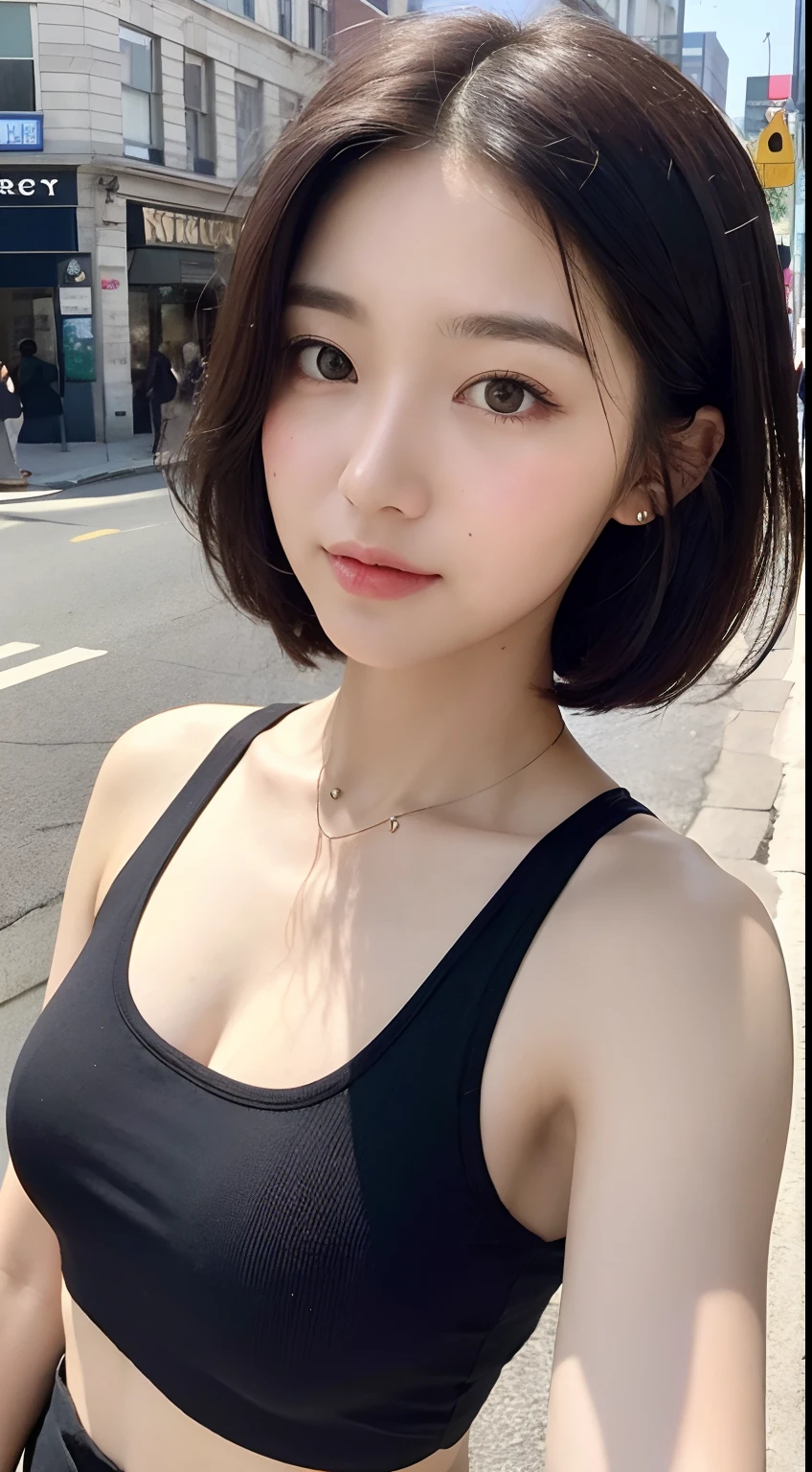 （（best qualtiy，8K，tmasterpiece：1.3）），Perfect beauty：1.4，glute：1.2，（Layered Hair Style：1.2）），（the street：1.3），Highly Detailed Face and Skin Textur，full bodyesbian，Elaborate Eyes，二重まぶた，Whitens the skin，Short wave hair，Cute Korean beauty（with a round face：1.5），（Black top，short  skirt：1.6）ssmile