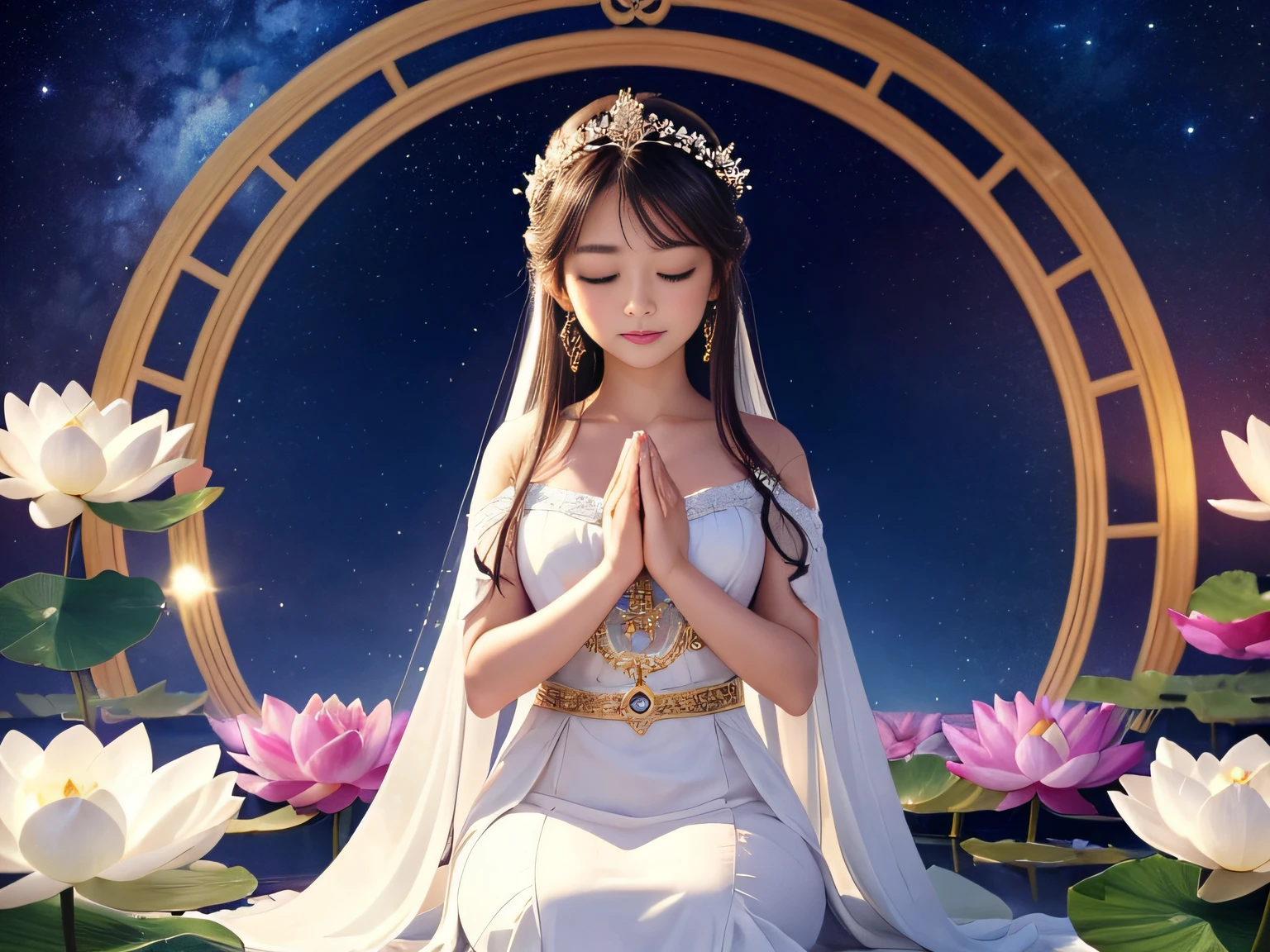 top-quality，tmasterpiece：1.2，Detailed details，Beautiful young goddess gently closed her eyes，gently smiling. She folded her hands in prayer meditation. She wore a white dress，Stars shining in the blue night sky, You are sitting on a lotus flower，In a fantastic atmosphere，Feel as if you are one with the universe. High Definition, 8K