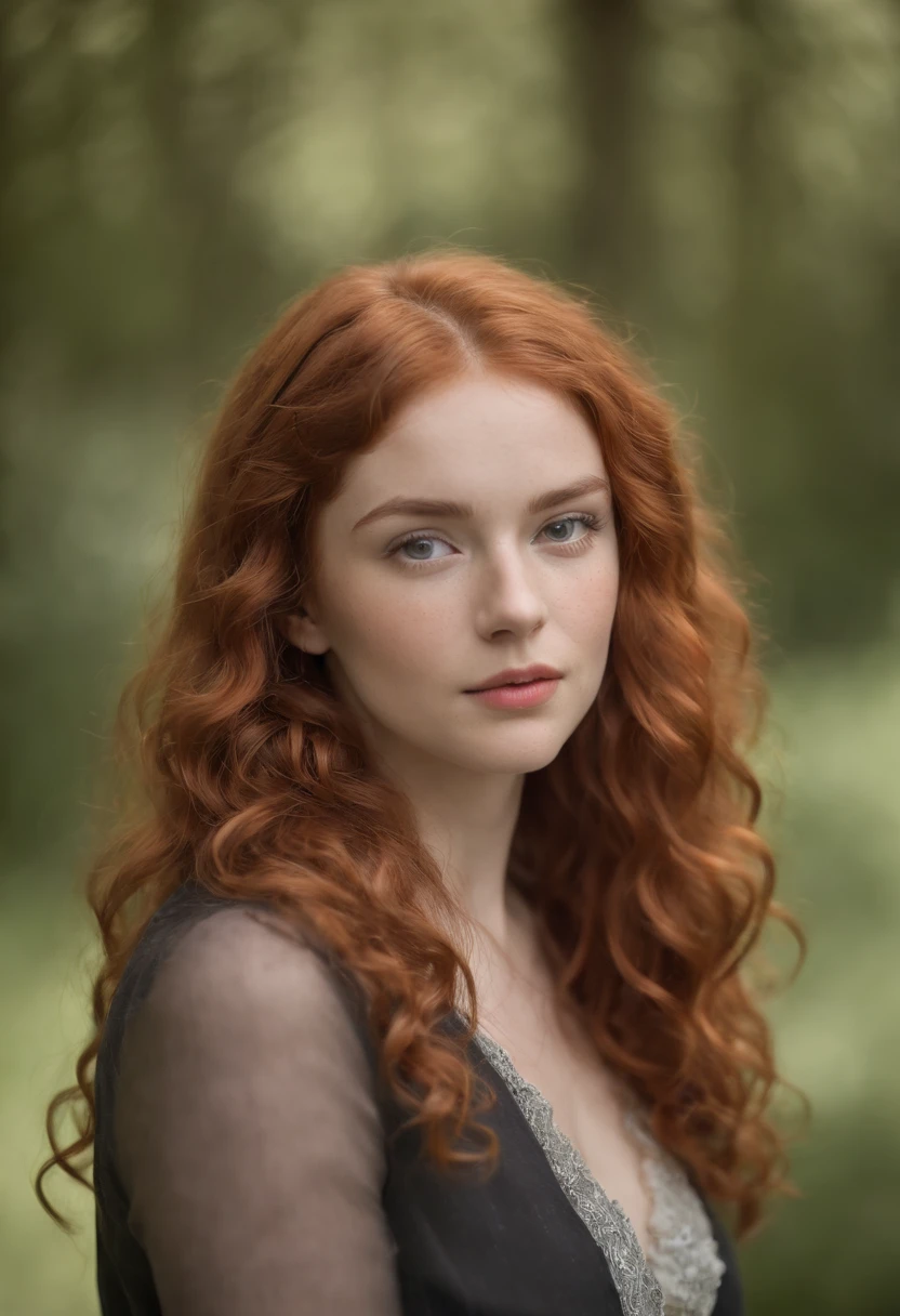 "Full length portrait of a charming red-haired 18-year-old woman with curly hair, Un look de finales de los 80, small freckles, small figure, Cara hermosa, Cautivadores ojos azul oscuro, and modest bust size, mostrando su belleza natural."