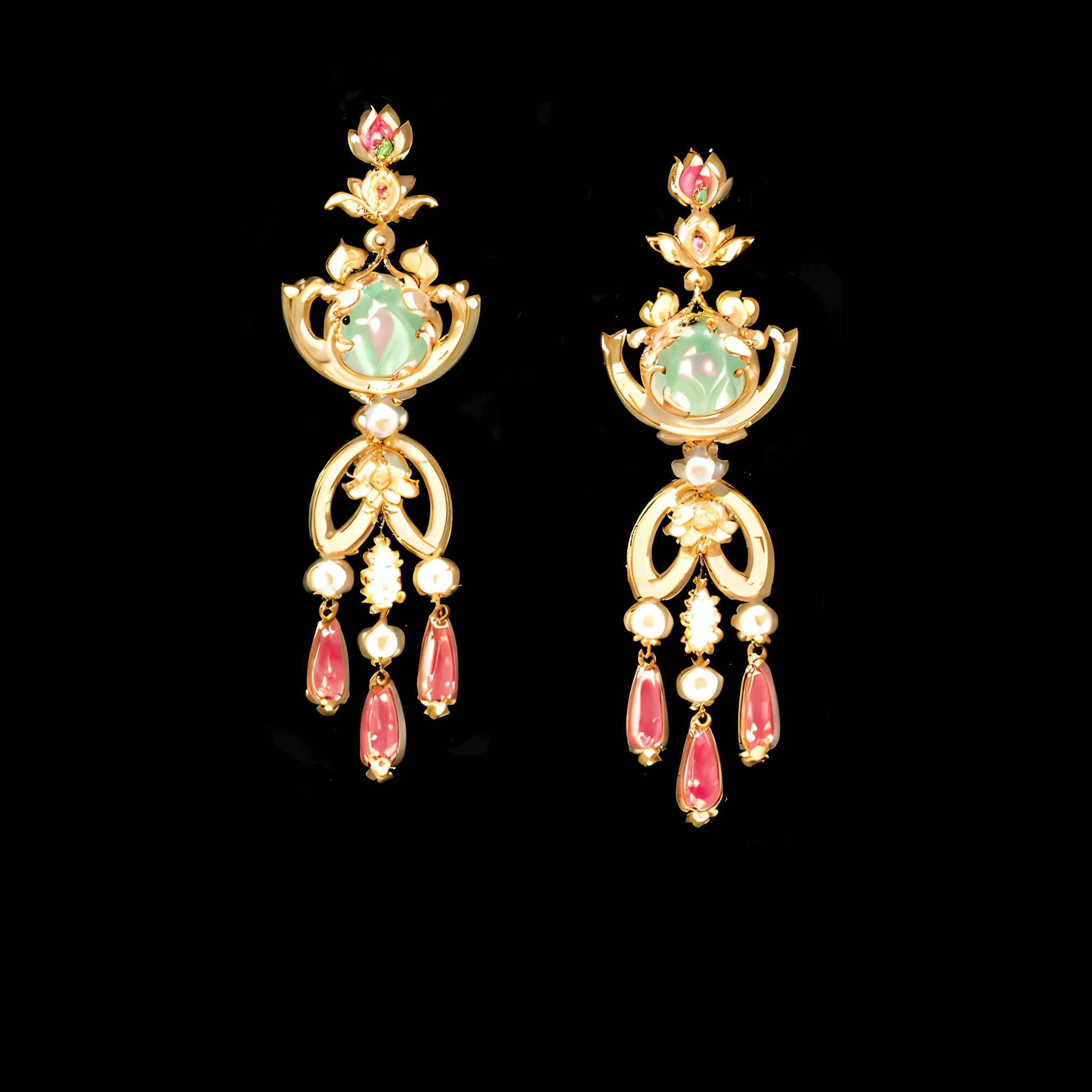 ultraclear,Superb details,Ultimate detail,Exquisite jewelry,Close-up of gemstones and jadeite, Delicate and ornate denger intricate decorative earrings, Gorgeous décor, Gorgeous earrings, Ultra-realistic fantasy earrings, Gorgeous earrings Delicate gold earrings, ancient chinese ornate, headpiecehigh quality, Qing dynasty, Gorgeous metal gold earrings Intricately decorated earrings