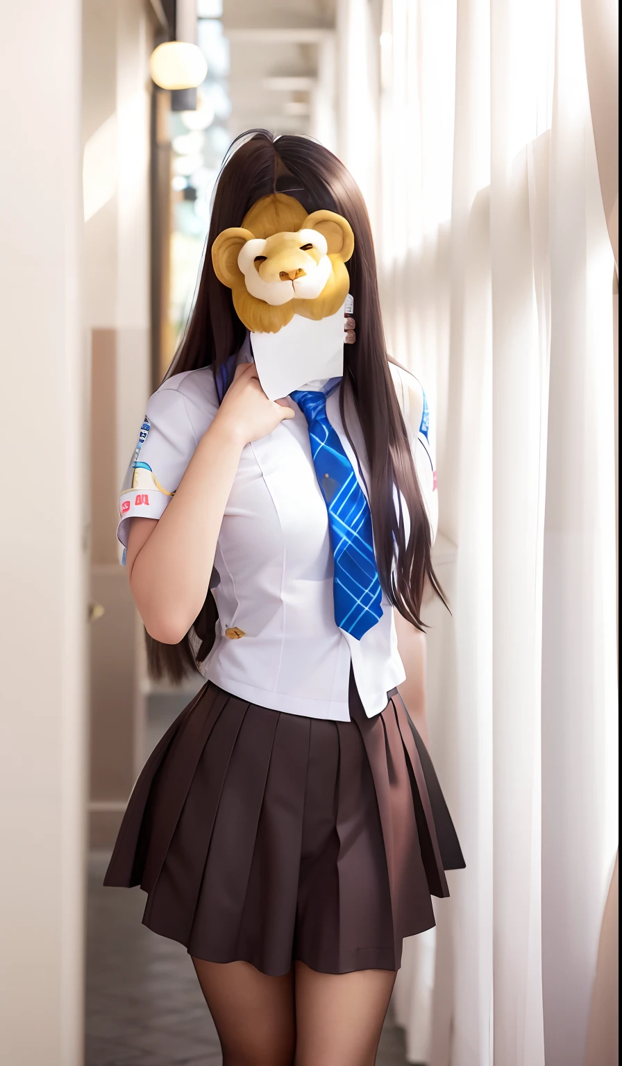 There was a woman in a skirt holding a paper lion, JK school uniform, Surrealism female students, cute female student, in school uniform, Surrealism female students, Realistic schoolgirl, wearing a Japanese school uniform, japanese girl school uniform, in school uniform, dressed as schoolgirl, Japanese school uniform, Magical school student uniform, Anime girl cosplay