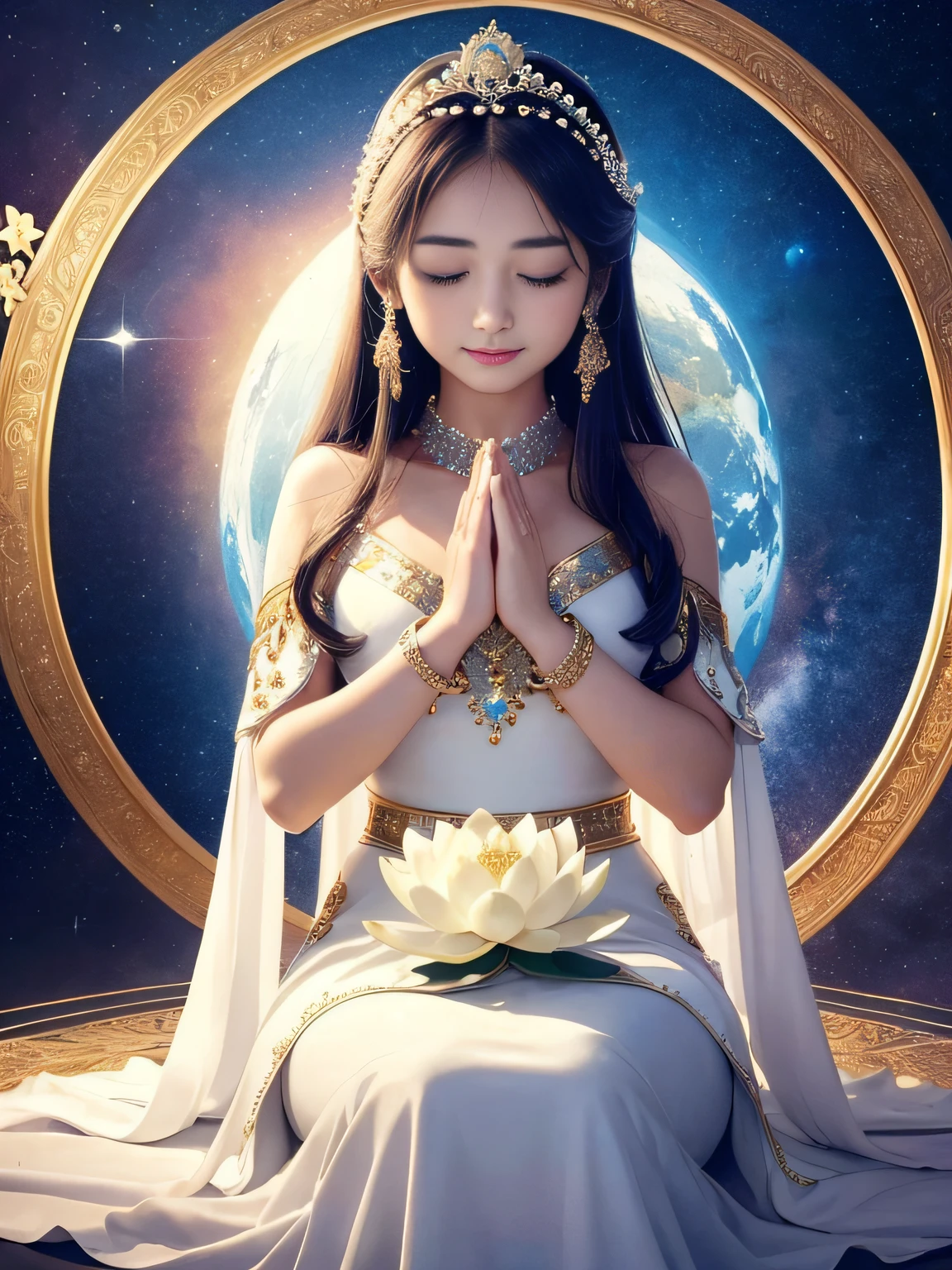 top-quality,tmasterpiece:1.2,Detailed details,Beautiful young goddess gently closed her eyes,gently smiling. She folded her hands in prayer meditation. She wore a white dress,Stars shining in the blue night sky, You are sitting on a lotus flower,In a fantastic atmosphere,Feel as if you are one with the universe. High Definition, 8K
