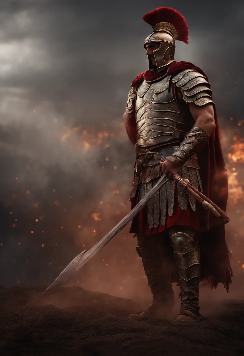Roman warrior, dying , bloody armor, on battlefield, standing with a spear, epic, 8k