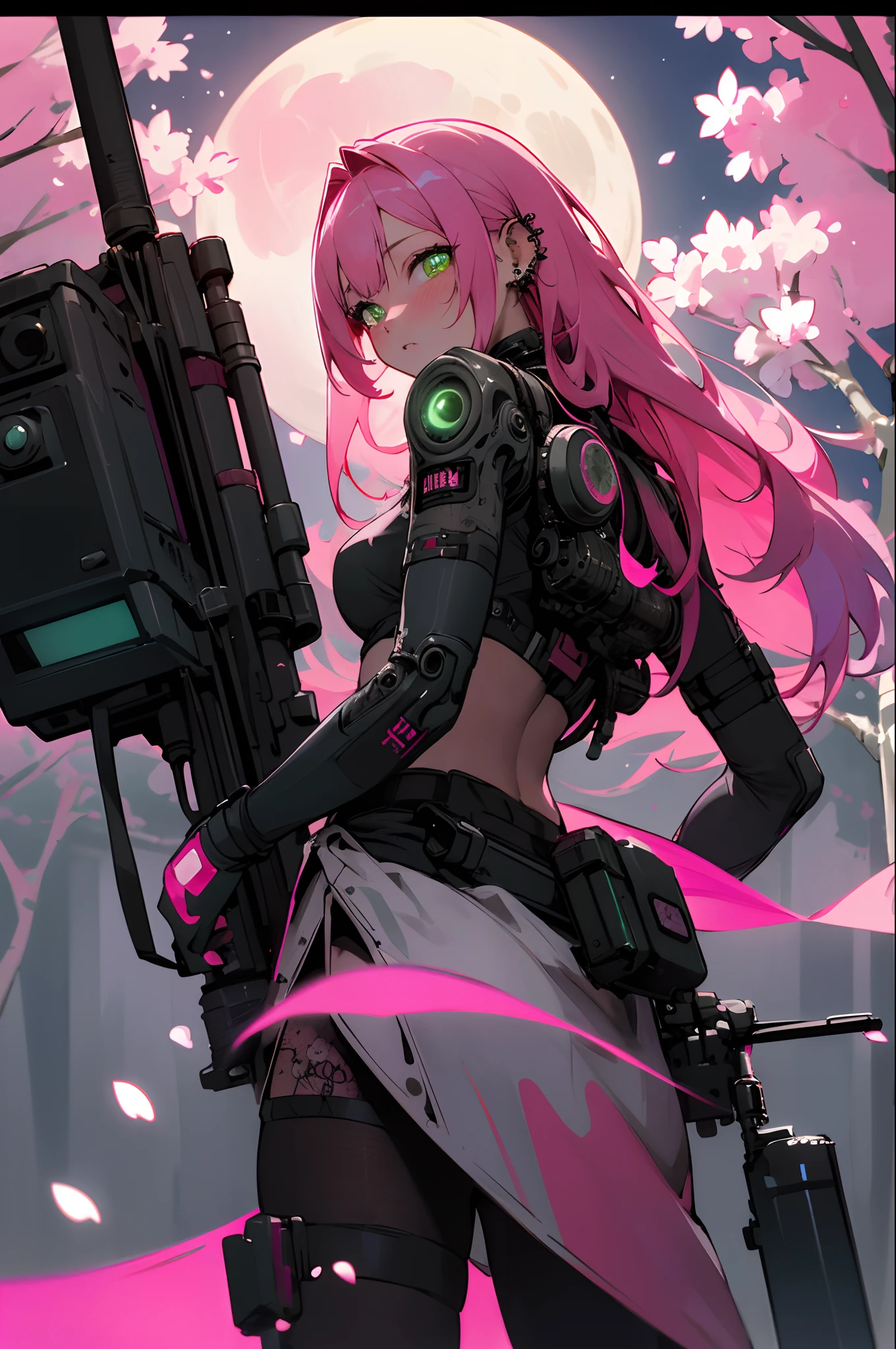 8K HD((masterpiece,best quality)),1girl, long pink colored hair, detailed glowing vibrant glowing green eyes, blushing, wearing highly detailed post apocalyptic cyberpunk gear, tons of tattoos and piercings, most beautiful full moon and stars in the sky, camera focus on obscure psychedelic sky, psychedelic sky in the background, post apocalyptic world, looking back at viewer, lower right camera angle, long distance shot, cherry blossoms blowing in the wind, highly detailed background, perfect masterpiece, best quality, best resolution