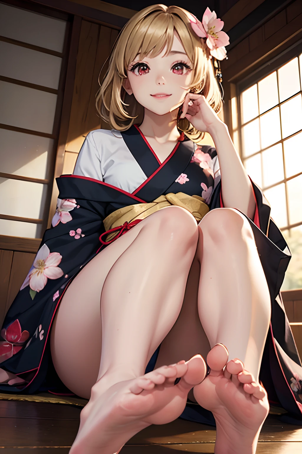 Best Quality, hight resolution, 1girl in, 8k.red eyes、A dark-haired、Gold hair ornament、Luxurious kimono with cherry blossom pattern、Detailed hand depiction、Angle looking up from below、Inappropriate smile、Seductive face、Crystal clear luster、Bare legged、Show the soles of your feet to the camera、Detailed foot depiction、Beautiful foot line、Physical education sitting、