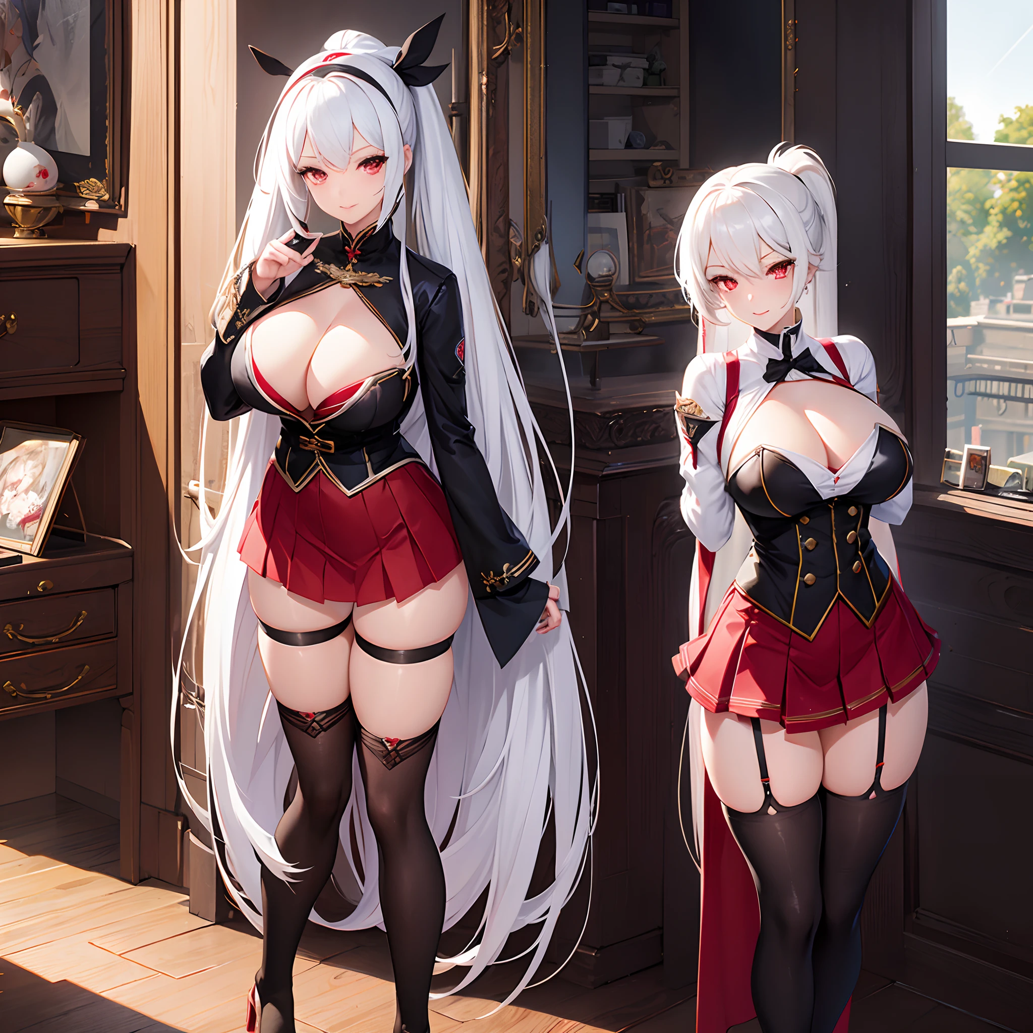 1 girl, bright pure white hair with black tips, long hair with ponytail, beautiful red eyes, gorgeous woman, ultra high details, glitter on hair, dignified expression, mommy aura, very large breasts, tight top, V-neck, suspenders, black and red uniform, skirt over glossy stockings, light smile