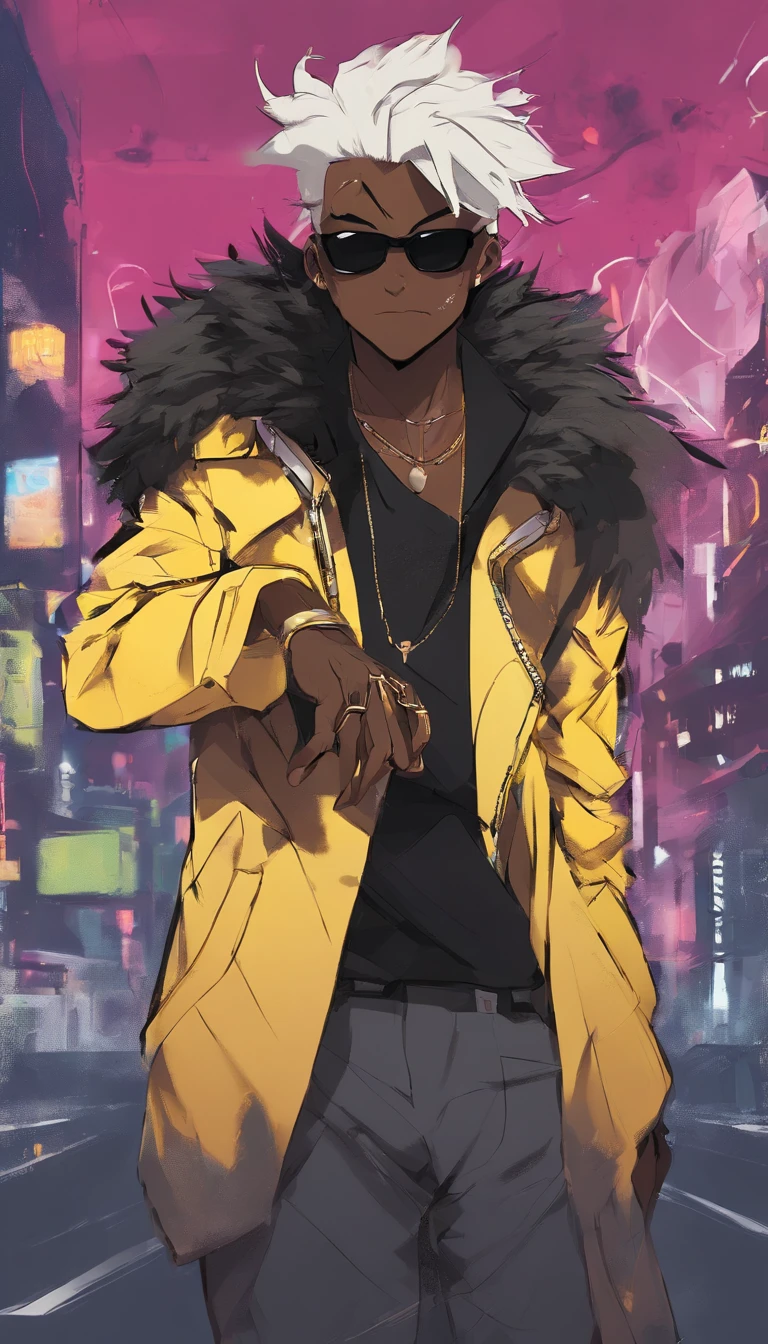 dark skin guy wearing yellow sunglasses black fur-trimmed coat over a dress shirt, and a beaded necklace. trigger anime artstyle, [[[[grinning evily]]]], portrait of ((mischievous)), , male anime character, young anime man, inspired by Miguel from Tekken, tall anime guy with steel blue eyes, fingerless gloves, surban streets with graffiti on the walls, faded haircut, slickback hair