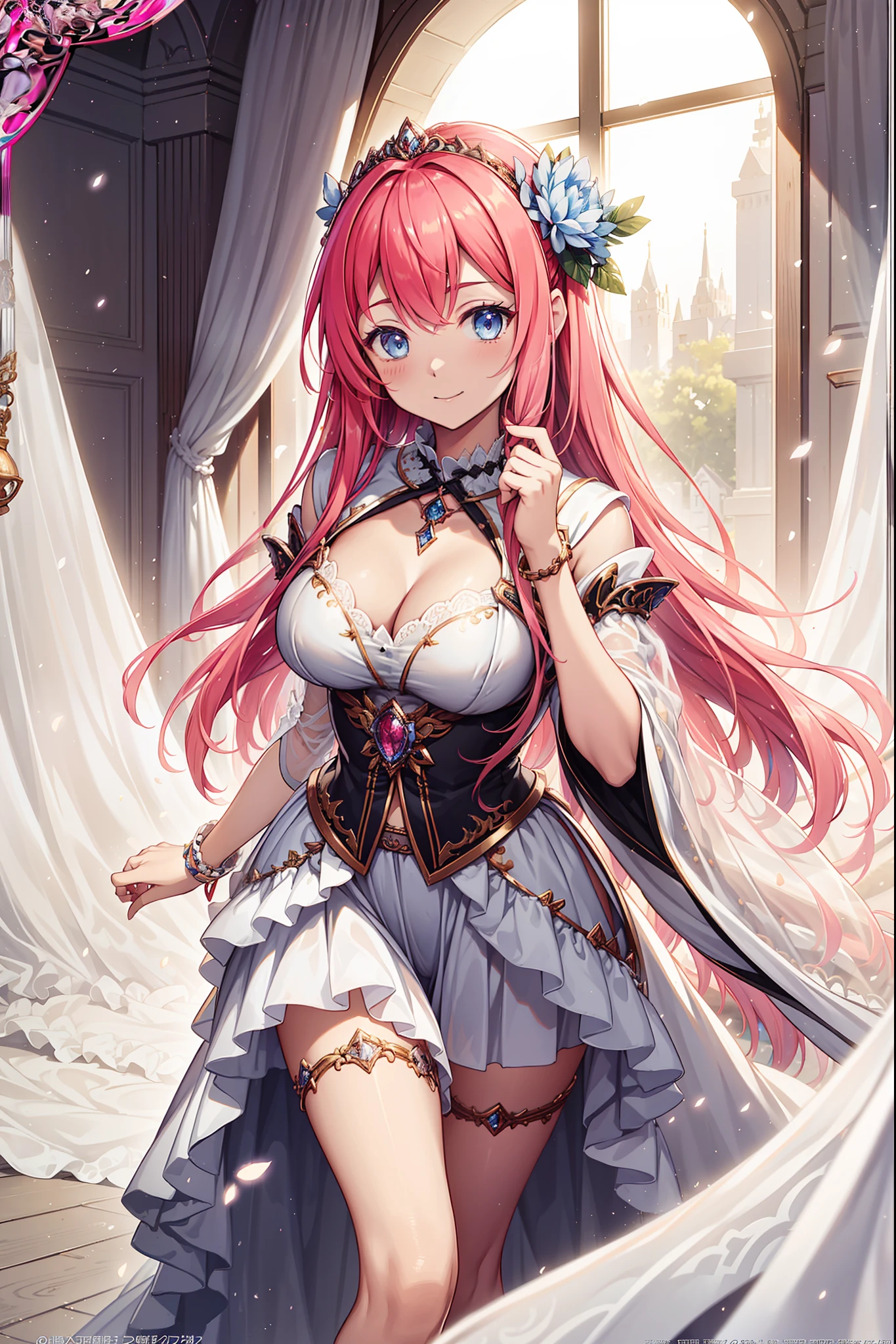 (Best quality, A high resolution, Textured skin, High quality, High details,Extremely detailed CG unity),s girl,魅惑的,Temptation of the,Divine happiness,Being in love,(Light Victorian princess dress),Pink hair,eBlue eyes,Maximalism,Delicate ruffles,detailed lace,Multi-colored cloth,Delicate embroidery,Delicate pattern,Sacred motifs,exquisite costumes,((Sheer White Cloth)),Bedrooms,the night,glittery,(Dazzle:1.3),Movie lighting,the night,solo person,Fluttering skirt,Princess features