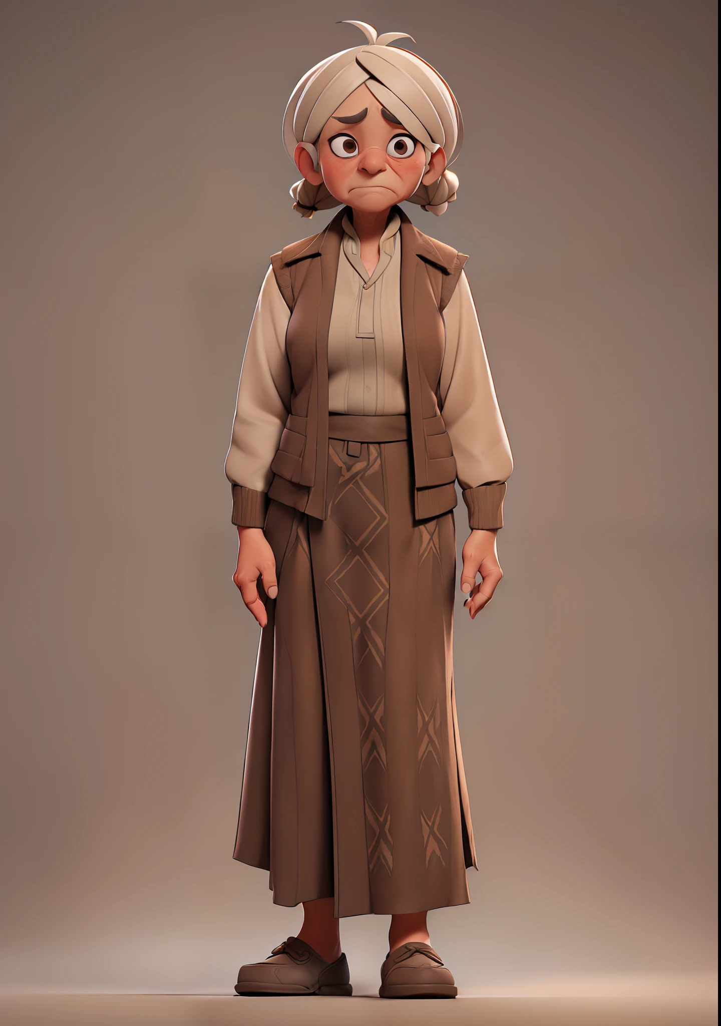 ((an old woman wearing brown clothes and a brown vest, white hair tied), (wrinkled face with a tired expression), flat chested, ((not wearing a jacket and not wearing jaz))), ((no tie), (no shoes)), thin, 3d style rendering, octane render, 3d cartoon, full body, potrait,