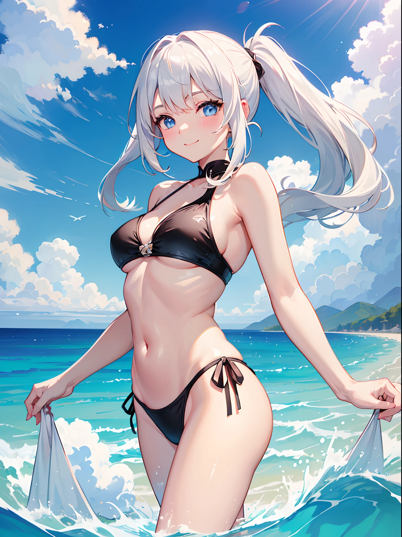 ((4K, master piece, Best Quality)), 1girl in, Medium White Hair, Beautiful sky blue eyes, Pony tail, Swimsuit, bikini of, at noon, Cute, blush, medium breasts, Smile