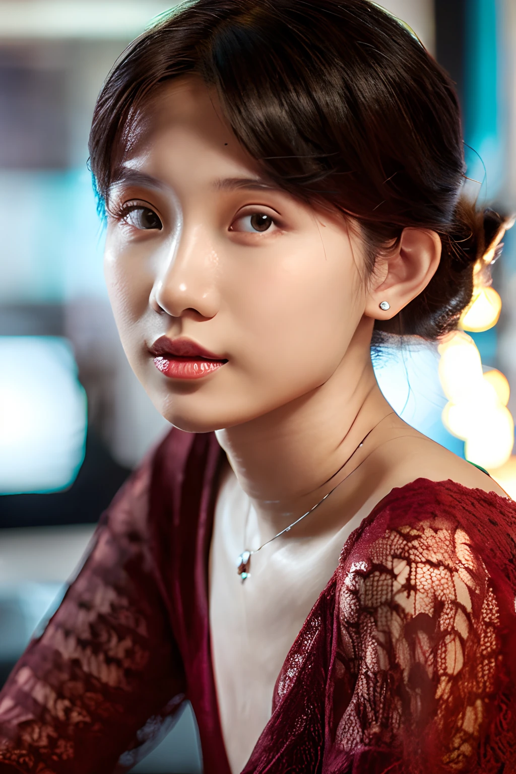 a close up of a woman wearing a red dress and earrings, digital art inspired by Huang Ji, trending on cg society, digital art, gorgeous chinese model, gorgeous young korean woman, beautiful young korean woman, beautiful south korean woman, yanjun chengt, beautiful girl model, digital art of an elegant, high quality portrait, beautiful portrait image, asian beautiful face