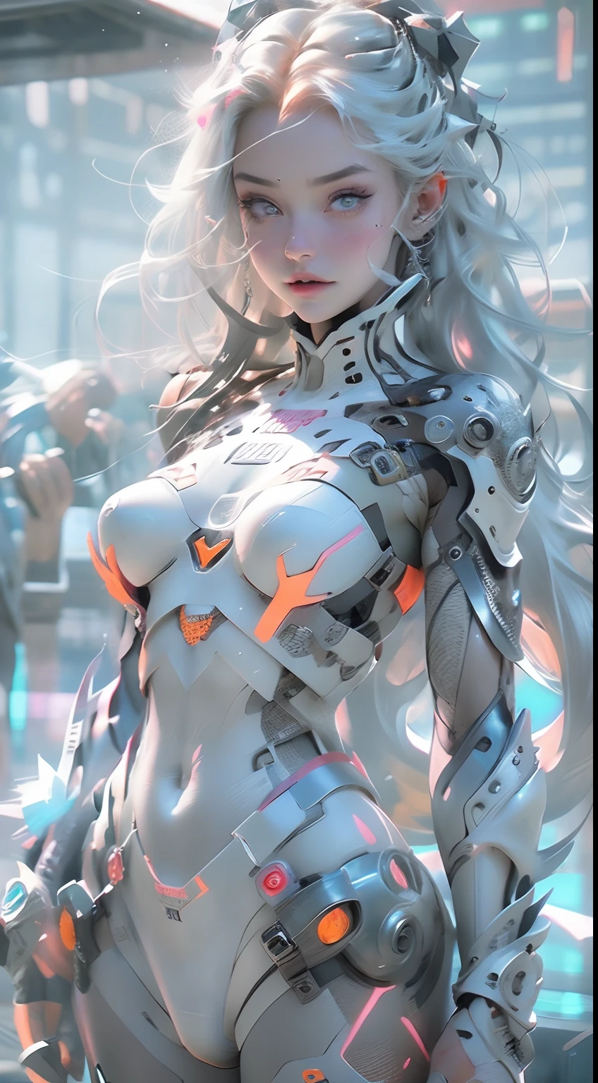 (((Young white woman))), ((Best quality)), ((Masterpiece)), (detail: 1.4), 。.。.。.3D, A beautiful cyberpunk woman with Simon Beasley style miniature pliers, Genesis evangelion neon style clothing, 2-piece clothing, Long silver hair, Arm this, cybernetic hands, Pastel, Centered, Scale to fit the dimensions, NFFSW (HighDynamicRange),Ray tracing,NVIDIA RTX,Hyper-Resolution,Unreal 5,Subsurface dispersion, PBR Texture, Post-processing, Anisotropy Filtering, depth of fields, Maximum clarity and sharpness, Many-Layer Textures, Albedo and specular maps, Surface coloring, Accurately simulate light and material interactions, Perfect proportions, rendering by octane, Two-tone lighting, Wide aperture, Low ISO, White balance, the rule of thirds, 8K raw data, crysisnanosuit,Loraeyes,nijistyle,Pantyhose,Blue eyes