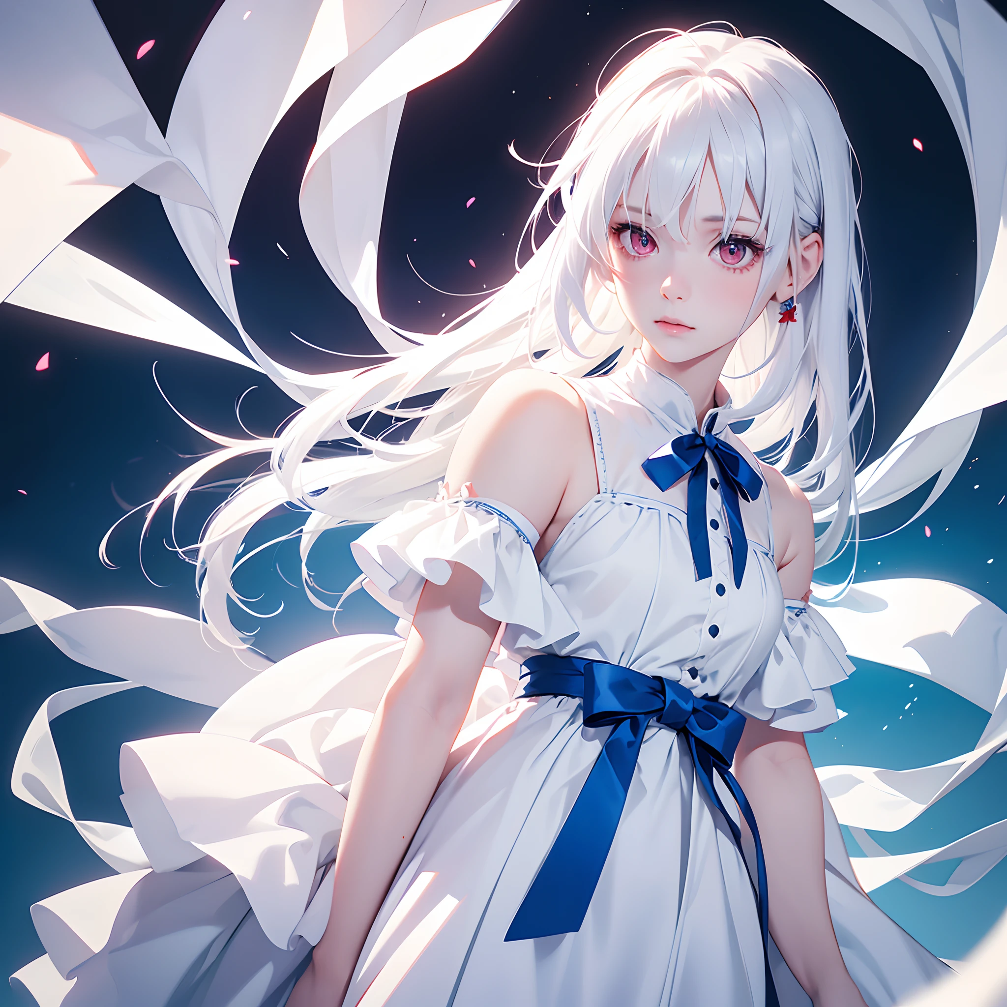 1girl,Albino, cute, white hair, beautiful, long hair,red eyes, wearing a white and blue dress, hair with a ribbon,((8k, UHD, ultra realistic))