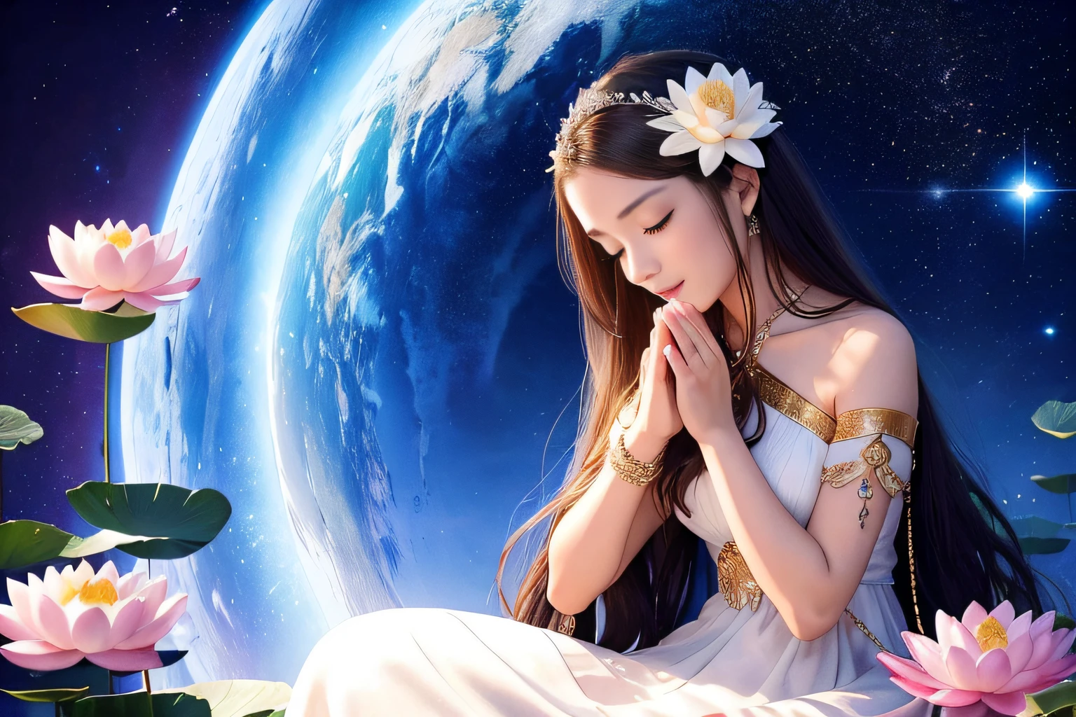 top-quality，tmasterpiece：1.2，Detailed details，Beautiful young goddess gently closed her eyes，gently smiling. She folded her hands in prayer meditation. She wore a white dress，Stars shining in the blue night sky, You are sitting on a lotus flower，In a fantastic atmosphere，Feel as if you are one with the universe. High Definition, 8K