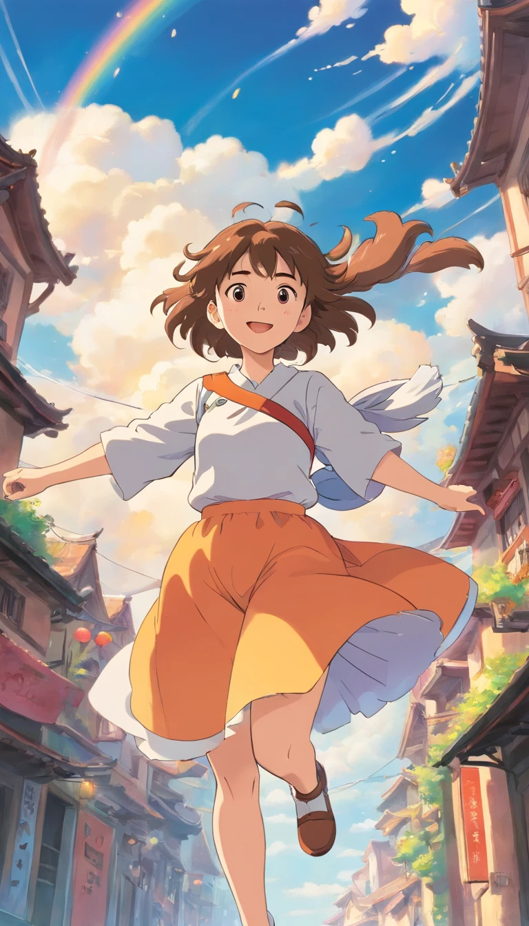 ​masterpiece、top-quality、Movie stills、1girl in、Cloud Girl、floating in sky、a closeup、发光、Happiness、Warm and soft lighting、Street、(Spark:0.7)、Brown hair、dance、dance