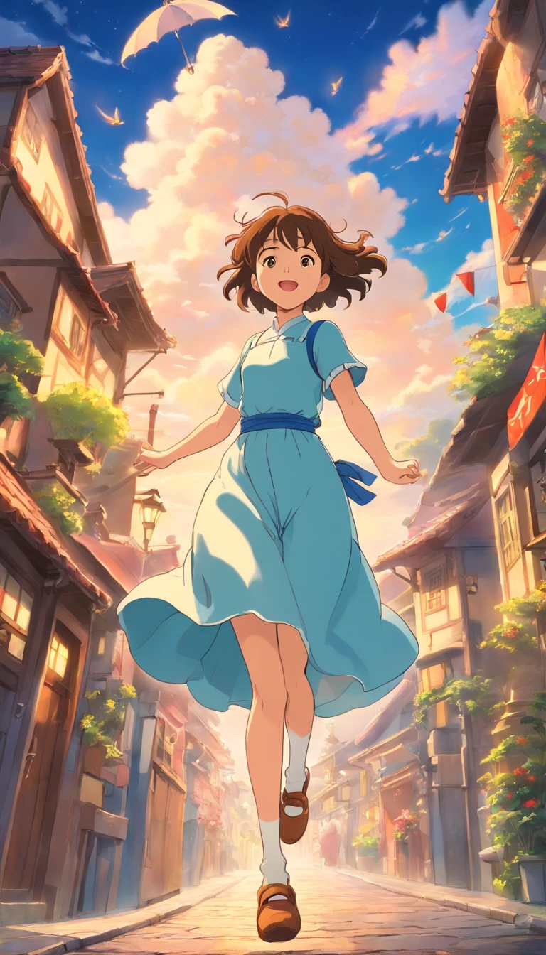 ​masterpiece、top-quality、Movie stills、1girl in、Cloud Girl、floating in sky、a closeup、发光、Happiness、Warm and soft lighting、Street、(Spark:0.7)、Brown hair、dance、dance