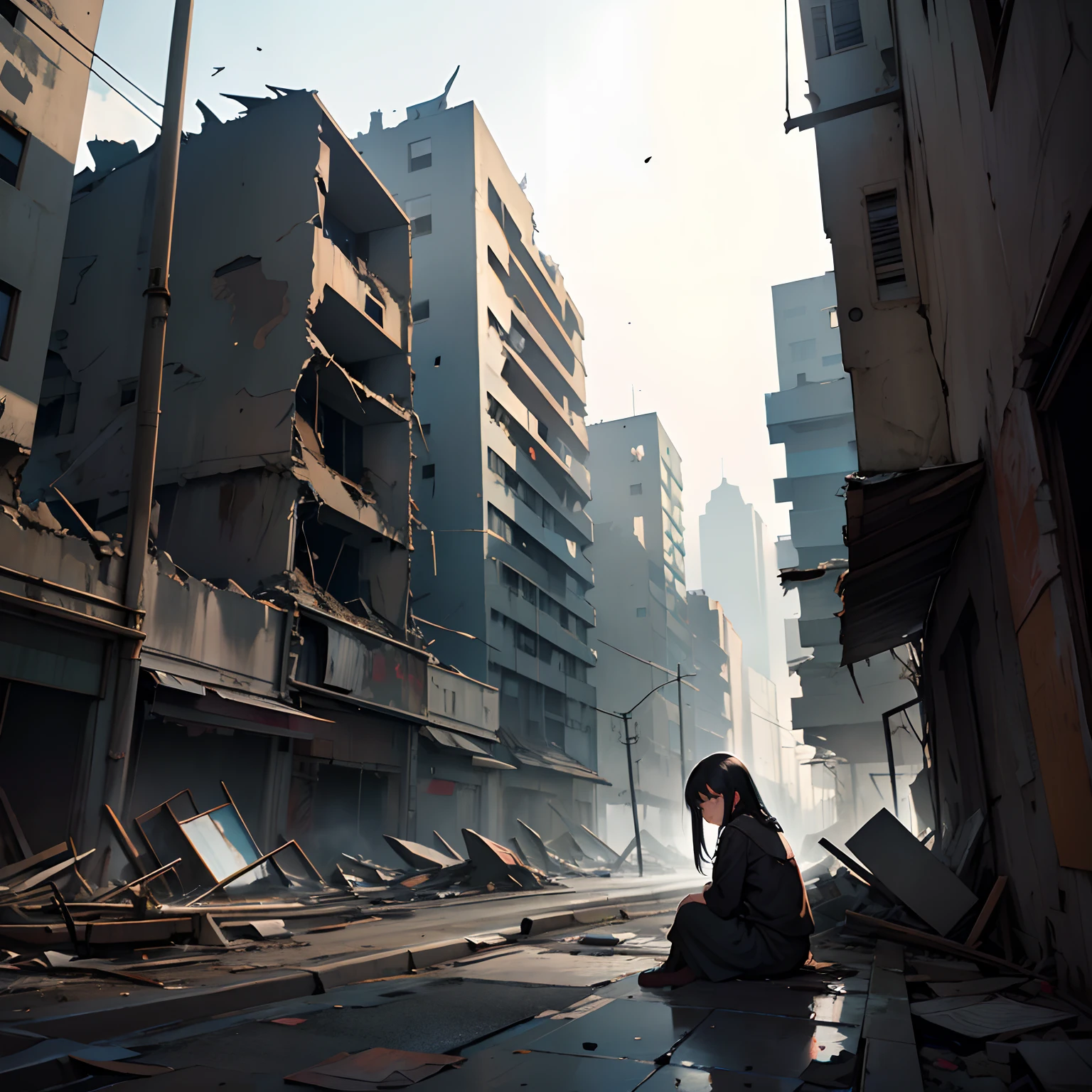 View from afar, sad little girl sitting next to the wall (black hair, torn clothes), destroyed city, destroyed buildings, high resolution, best quality, cinematic lighting, realistic details, sharp focus