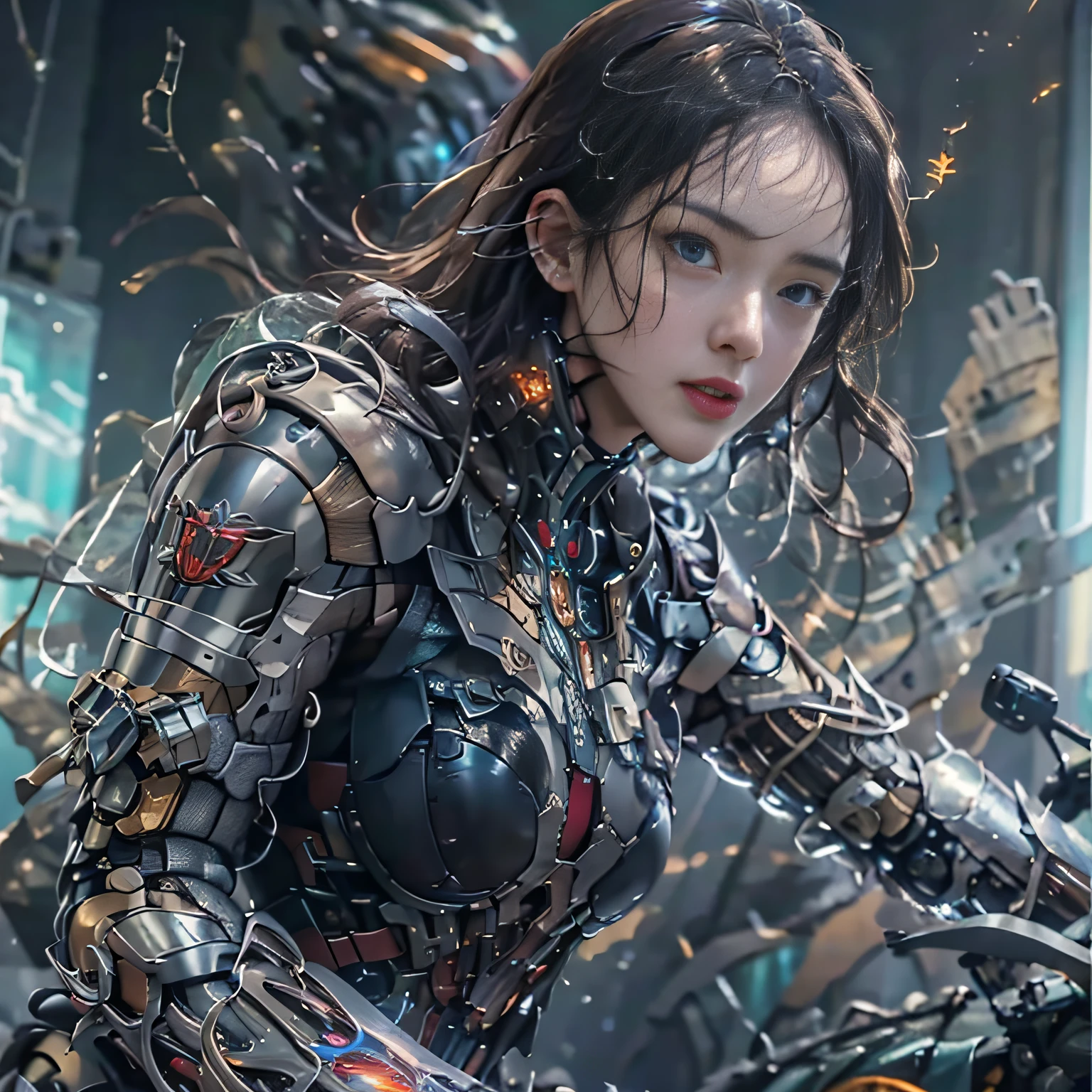 (((Masterpiece))), (((Best quality))), ((Ultra-detailed)), (Highly detailed CG illustration), ((An extremely delicate and beautiful)),Cinematic light,((1 mechanical girl)),Solo,(machine made joints:1.2),((Mechanical limb)), ((mechanical cervial attaching to neck)),(wires and cables attaching to neck:1.2),(wires and cables on head:1.2)(Character focus),Science fiction, extreme detailed details,highest details, Realistic, dunhuang, flowy, Colorful, (Long mechanical legs), full bodyesbian, Pink mech