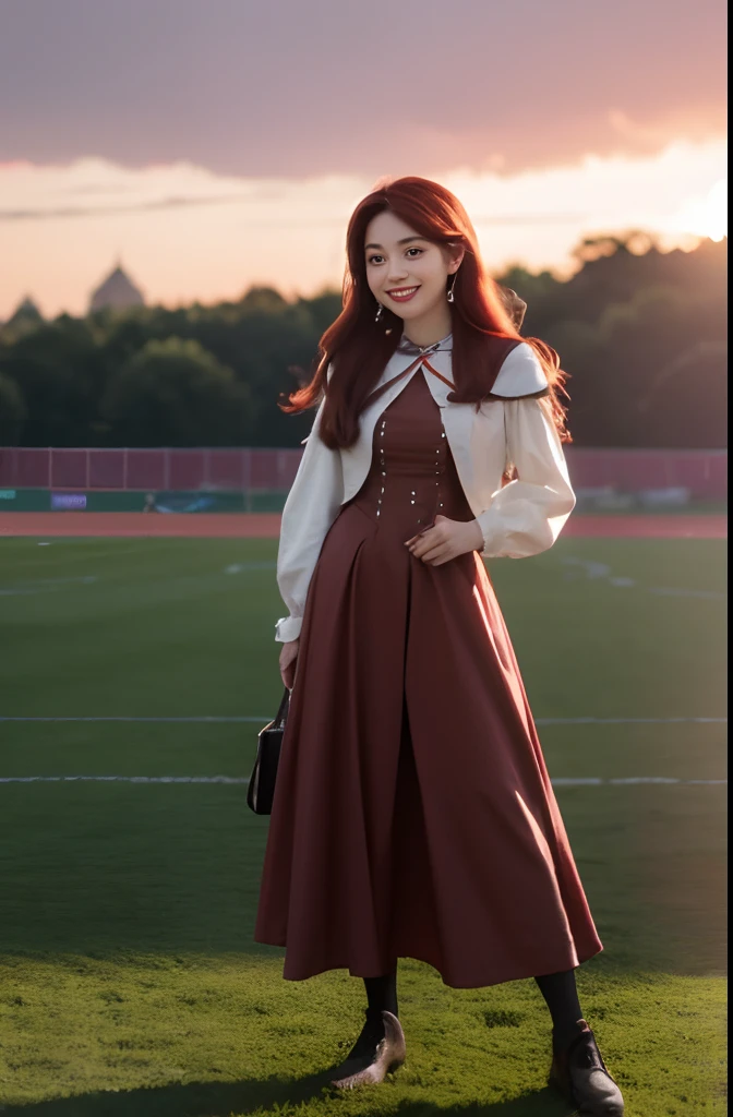 One Little Girl, period costume, Stand on the field, ssmile, red hair, evil smile, crescent earrings, ray tracing, satellite image, cinematic lighting, Cubist Futurism, 8K, super detail, best quality, 4K
