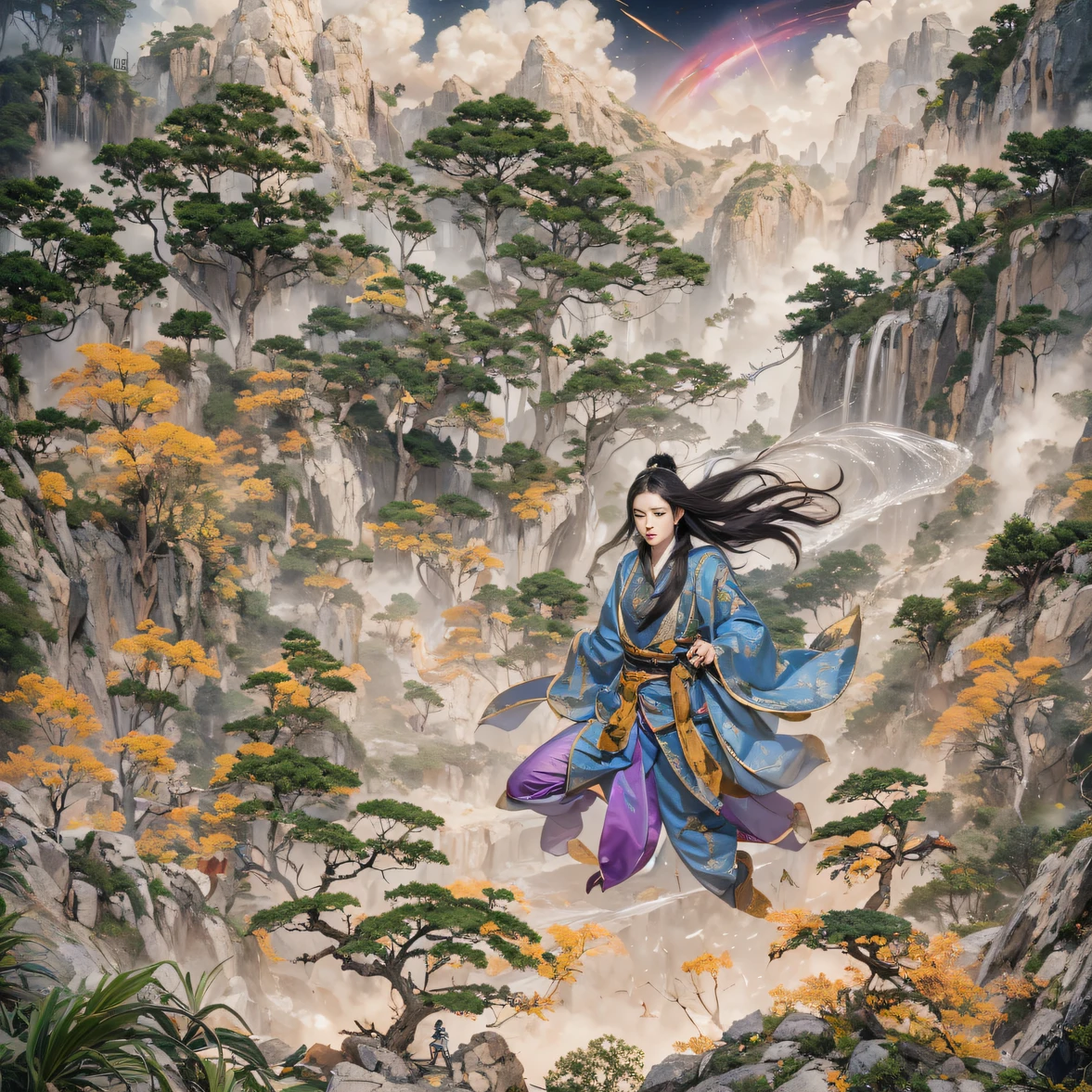 Fly into the fairy world, Chance encounter with Liu Hanshu, He saw in him his former self, It was decided to take him as an apprentice, Teach him how to protect himself, But because of the Tibetan star map, He established relationships with the Liu family and the Jade Sword Sect, It opens with the death of Liu Hanshu, Qin Yu embarked on the road of confrontation with a strong enemy, Working hard, Make yourself stronger, Stick to your own core path of justice, I also want to protect the people I care about, The three brothers took off, And embarked on a long journey to find a good brother, Qin Yu, Where are Xiao Hei and Hou Fei（dense fog）Climb the streets（Doomsday Stream）eyes filled with angry，He clenched his fists，Rush up，Deliver a fatal blow to your opponent，full bodyesbian，Full Body Male Mage 32K（Masterpiece Canyon Ultra HD）Long flowing black hair，Campsite size，zydink， The wounded lined up in the streets（canyons）Climb the streets， The scene of the explosion（canyons）， （Linen batik scarf）， Angry fighting stance， looking at the ground， Batik linen bandana， Chinese python pattern long-sleeved garment， canyons（Abstract propylene splash：1.2）， Dark clouds lightning background，Sprinkle with gold dust（realisticlying：1.4），Black color hair，Flour fluttering，rainbow background， A high resolution， the detail， RAW photogr， Sharp Re， Nikon D850 Film Stock Photo by Jefferies Lee 4 Kodak Portra 400 Camera F1.6 shots, Rich colors, ultra-realistic vivid textures, Dramatic lighting, Unreal Engine Art Station Trend, cinestir 800，Flowing black hair,（（（Jungle Canyon）））The wounded lined up in the streets（vale）Climb the streets，Movie master real-time image quality