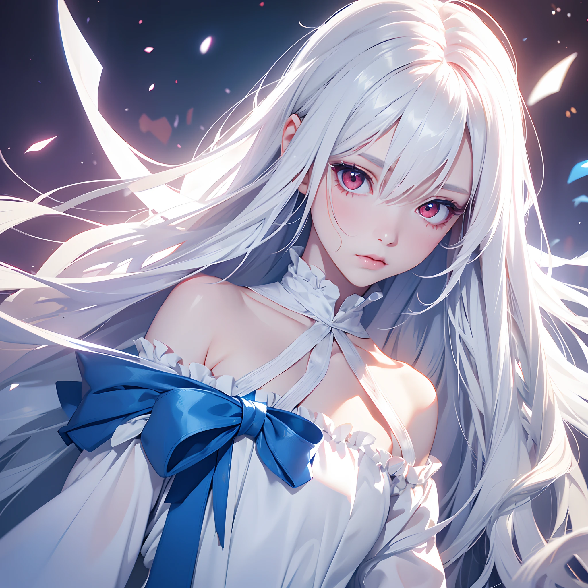 1girl,Albino, cute, white hair, beautiful, long hair,red eyes, wearing a white and blue dress, hair with a ribbon,((8k, UHD, ultra realistic))