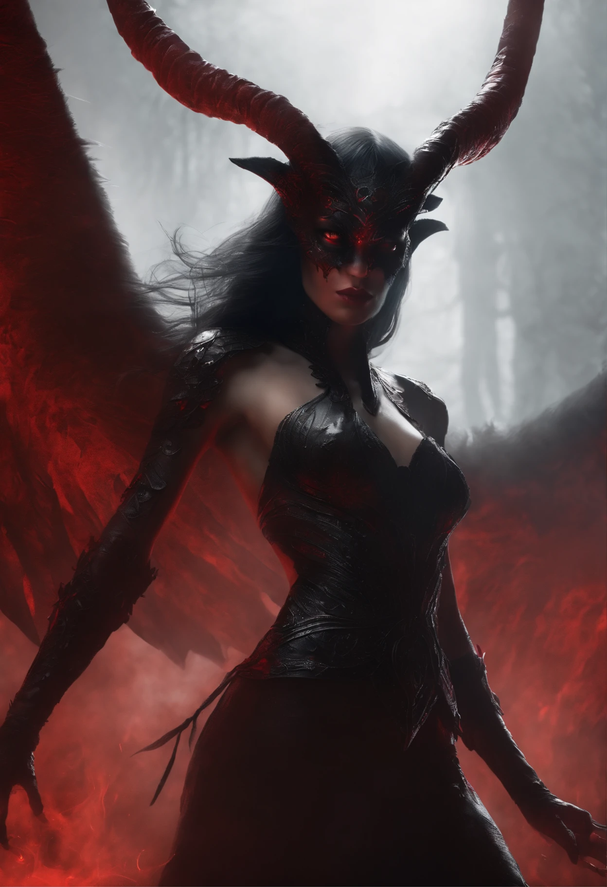The female demon stands tall,menacing, Exudes an aura of hatred and malice. Her clothes were black and torn, Her eyes flashed a disturbing crimson. She represents everything contrary to unity and positivity