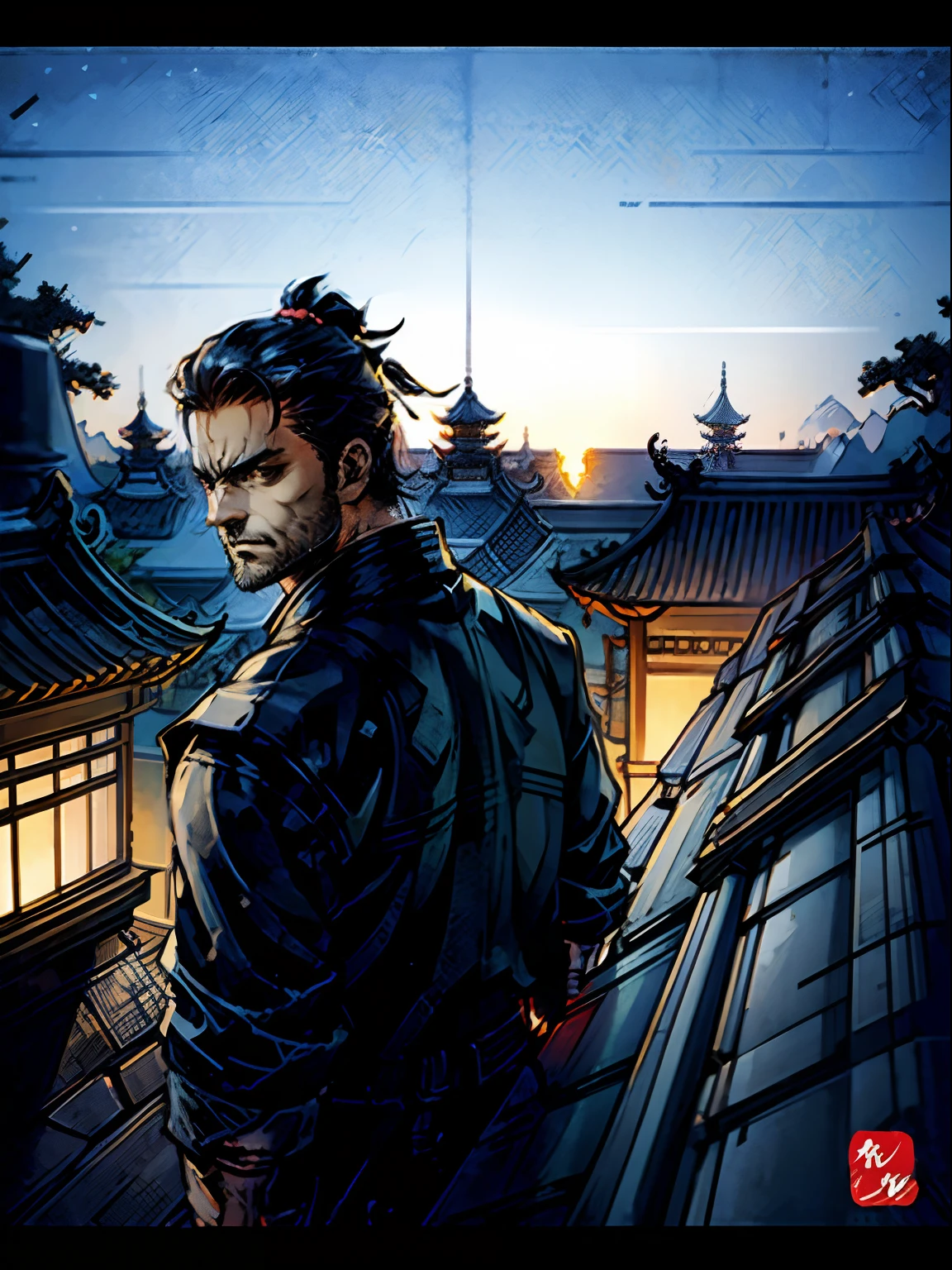 Around thirty years old,The expression is lewd,man,Hide on the roof,The man hid in the dark,squatt,Look to the side,The background is very dark,man,short stature,Girl with thick fat chunky physique,Black clothes,Ancient clothes,Classic Chinese art style,Ancient costumes