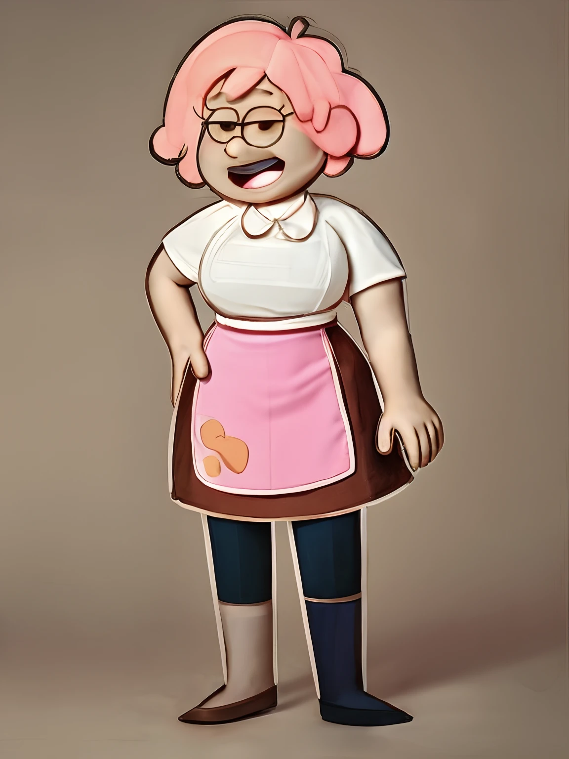 cartoon of a woman with a orange hair and a pink dress wearing an apron, ( waitress ) adult woman. Big breast. Short hair