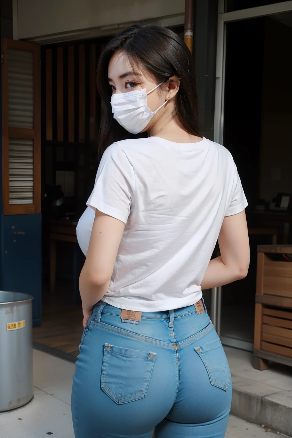 Beautiful woman in skinny jeans，tee shirt，Plump buttocks，The back is charming，wearing face mask，Next to the factory