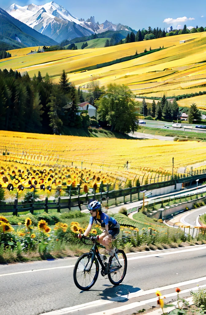 Two Women、Cycling,sunflowers fields,Mont Blanc in the distance,slope,Spectators cheering along the road、Wearing a cycle jersey、Put on a helmet