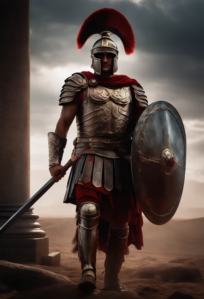 Roman centurion warrior, dying , bloody armor, on battlefield, standing with a spear, epic, 8k