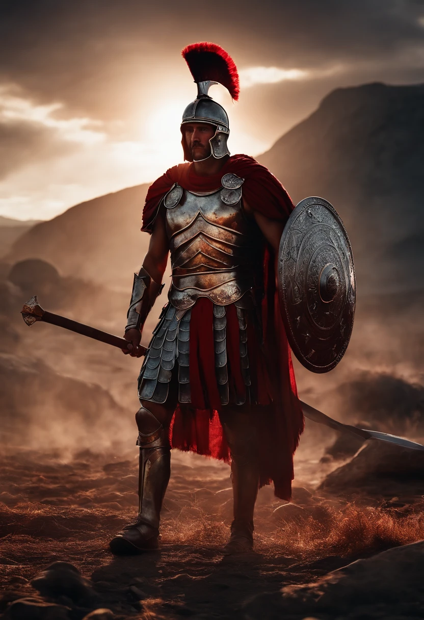 Roman centurion warrior, dying , bloody armor, on battlefield, standing with a spear, epic, 8k