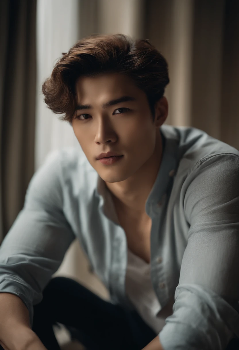 premier quality, tmasterpiece, 超High Resolution, (Hentail realism: 1.4), photo originale, The wallpaper, headshot photo, la peau, sinple background, yeux noirs, specifics, Auto-tir, 1 homme 26 ans, un beau, Light wind, rayons de soleil, domicile、une chambre、Homme incroyablement beau、mignon、Partie centrale、Chez Johnny、Un visage comme Ryo Yoshizawa 、refreshing、Eyebrows are not too thick、Christianisme orthodoxe、visage froid、musculature, Kpop , korean, museum, hotel, voiture , American