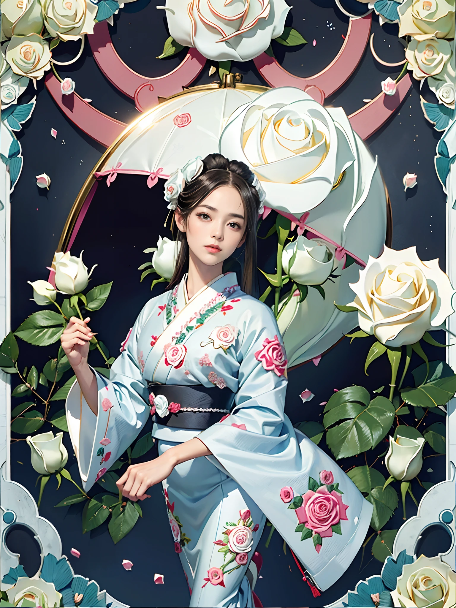 rokoko:1.5,Background of details(Japanese garden(White Rose:1.5)),BREAK ,elaborate costume(Luxury kimono(Light blue kimono(detailed embroidery(Rose pattern embroidery:1.2)))),BREAK,1 Beautiful and classy adult woman(Japanese actressl:1.2)(glossy dark hair(poneyTail:1.2))(Arms outstretched),BREAK,Wallpapers 16K,Blur the background,(masutepiece:1.5), (Best Quality:1.5),(Portrait photos:1.5),(full body Esbian:1.5)