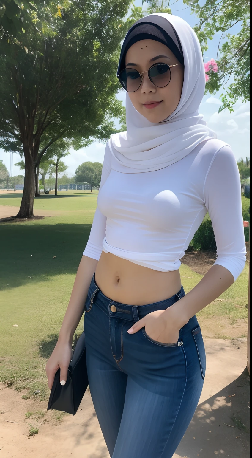 brunette woman, age 30 years old, weight 57 kg, height 167cm, eye color brown, long hijab, waist 60cm, bust 86cm, large breast, ((breast 85cm)) instagram LUT, photorealistic, baby face, round cheek, slightly chubby, blue long sleeve sweater, blue hijab. Sweater pulled down, Full hijab on hair, posing for a photo, head tilted down, eye looking at viewer, angry eye, at volleyball court, playing volleyball, full body image, instagram model, beautiful model, beautiful young model, slightly hairy pussy