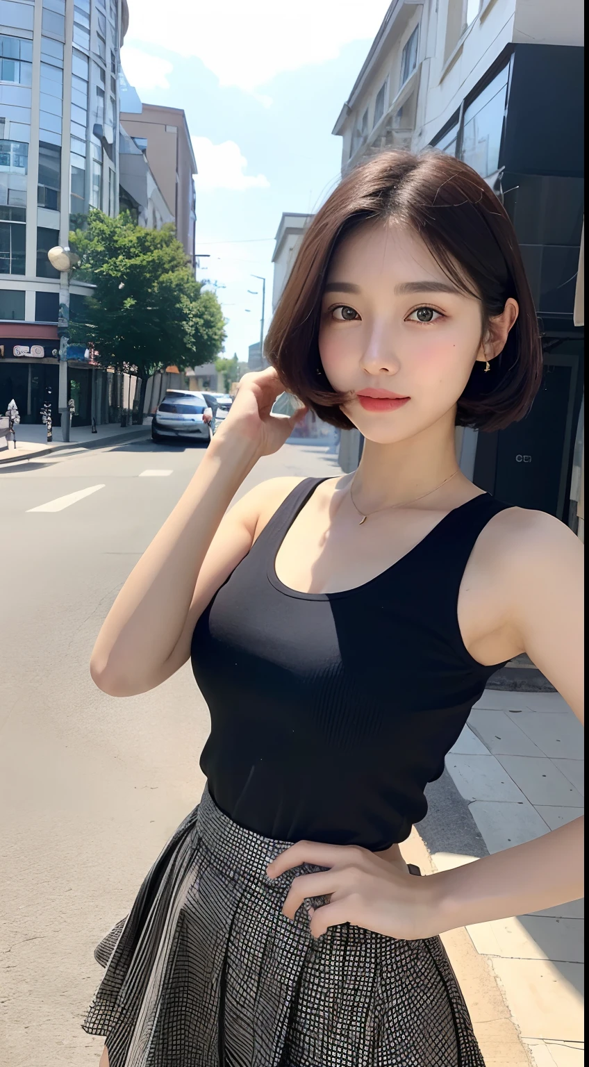 (1 Korean star with royal sister style), ((best quality, 8k, masterpiece: 1.3)), (slender body: 1.3), focus: 1.2, perfect body beauty: 1.4, (smile), (street: 1.3), highly detailed face and skin texture, fine eyes, double eyelids, whitening skin, (short hair, air bangs: 1.3), (round face: 1.5), (little black dress: 1.4),