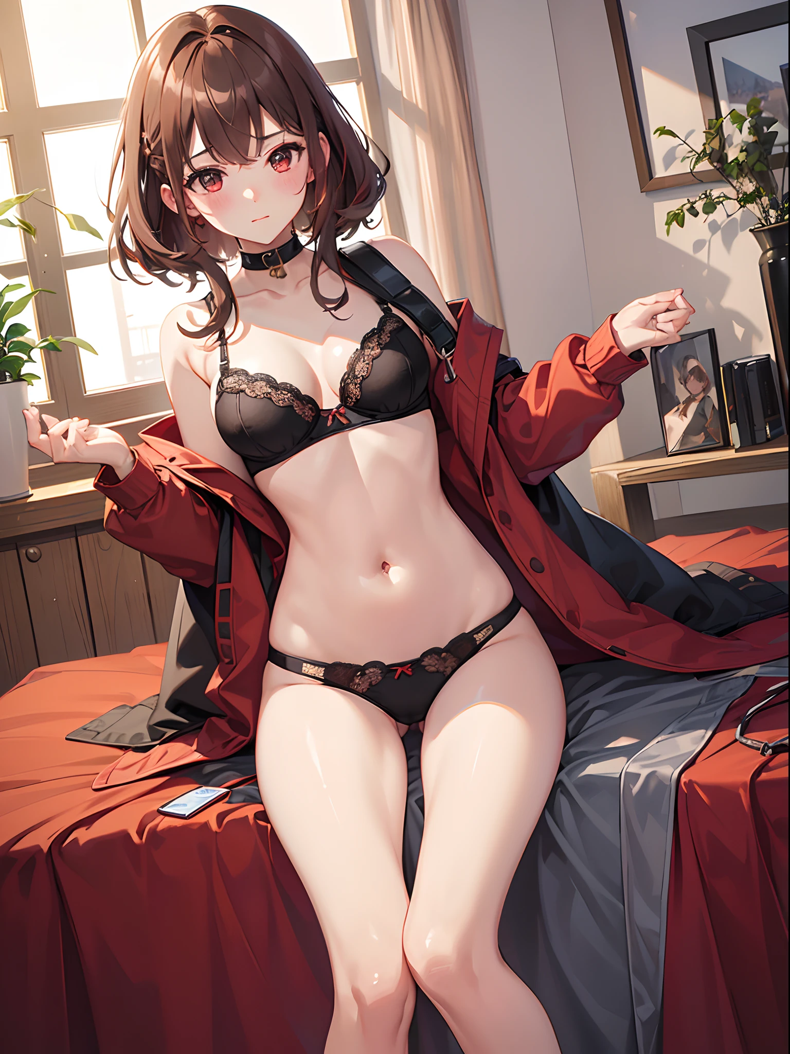 ((4K, ​master piece, Best Quality)), 1girl in, Light brown SHRT hair, Red Eyes, center parted hair, medium breasts⁩, Cute, blush, Underwear is visible, roomwear